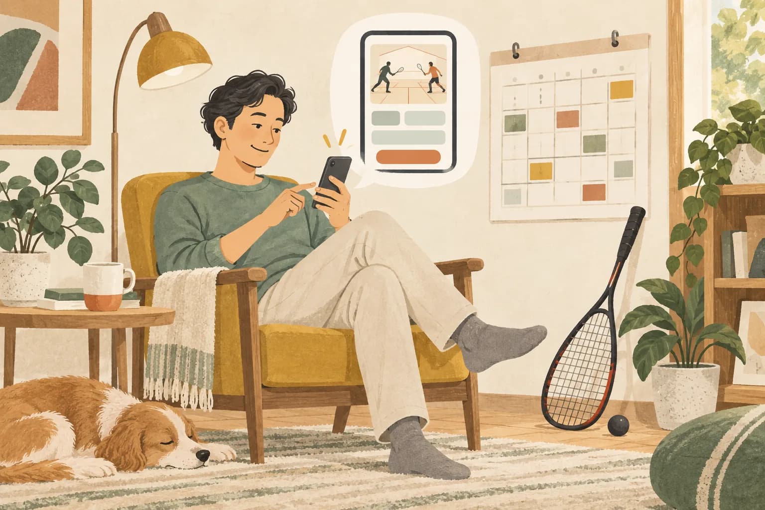 予定を確認しながらスマートフォンで予約する人のイラスト