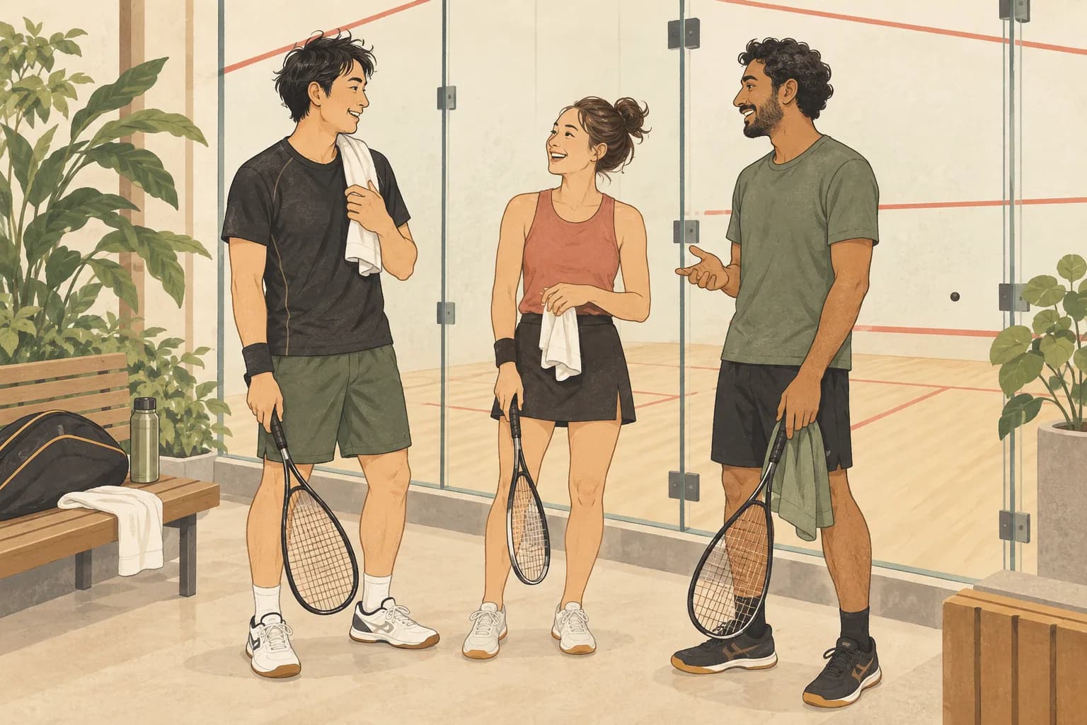 練習後に仲間と会話を楽しむスカッシュプレーヤーのイラスト