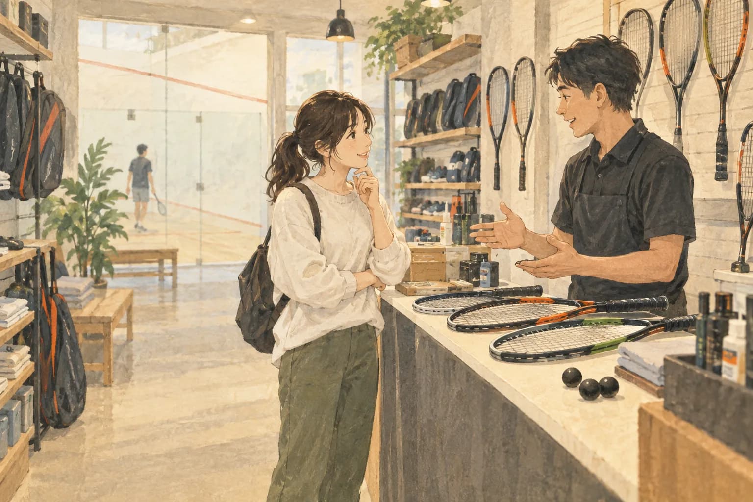 初めてのラケット選びの次の行動を描いたイラスト