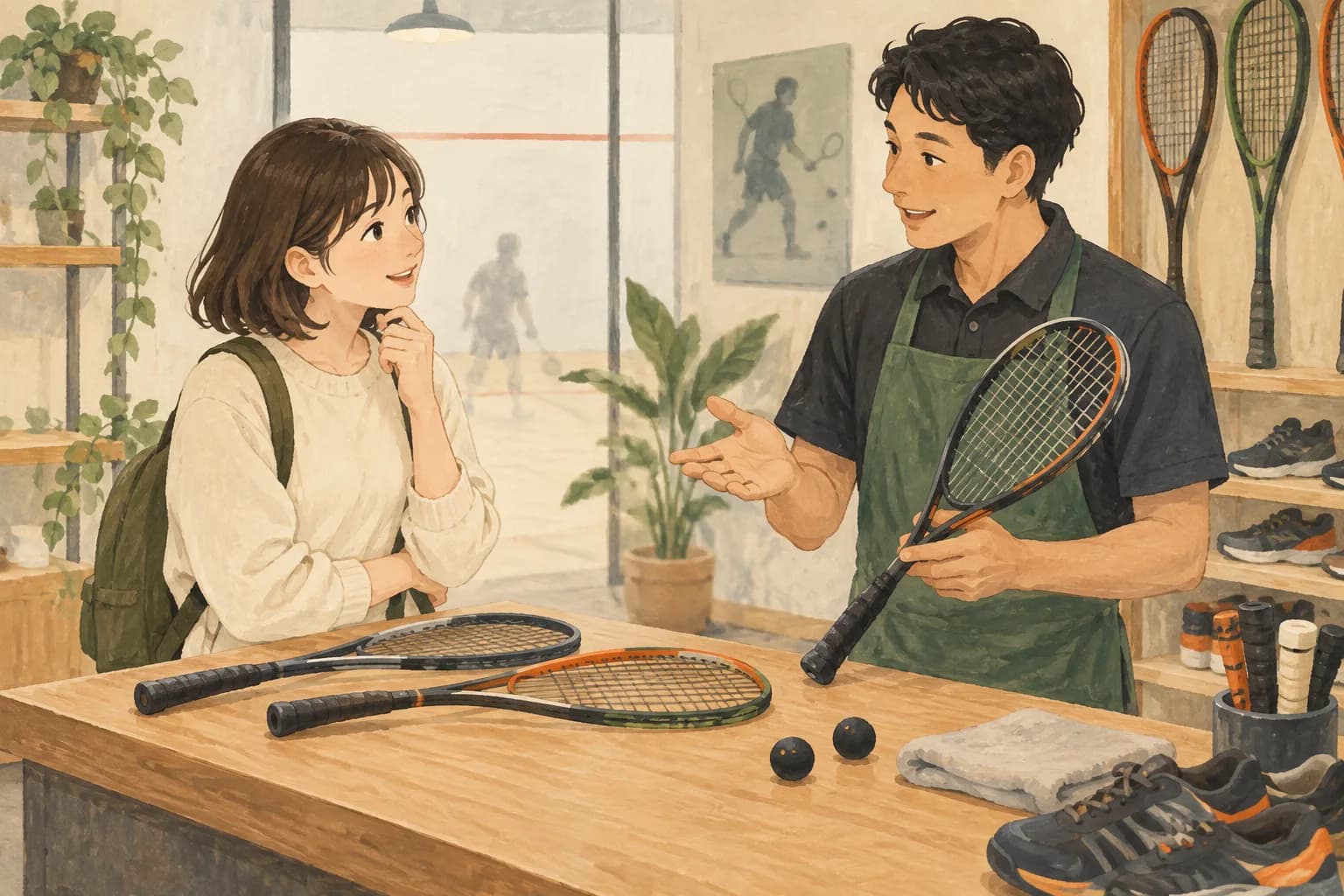 購入予算とメンテナンスを店員に相談するイラスト