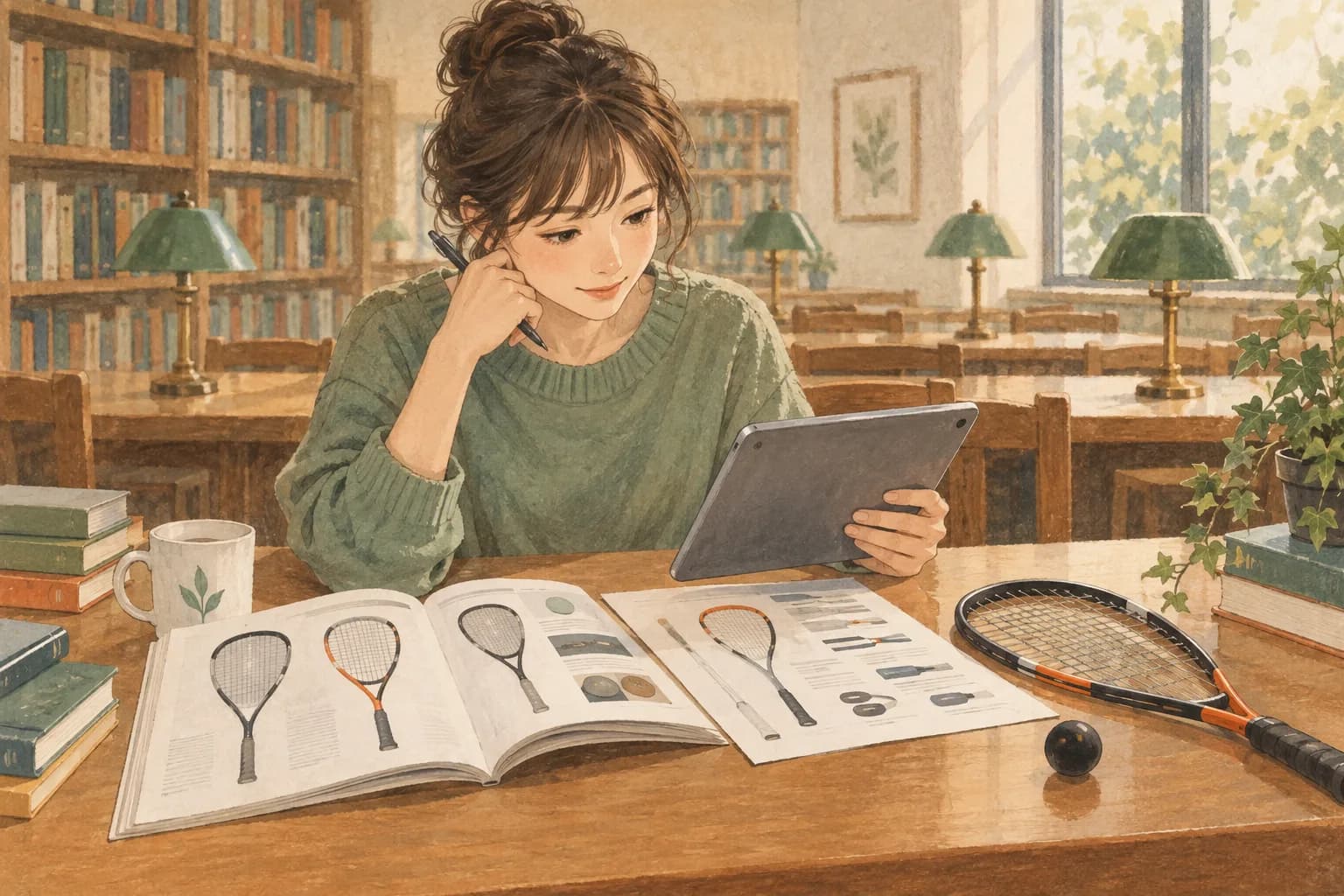 初めてのラケット選びの情報を調べる様子を描いたイラスト
