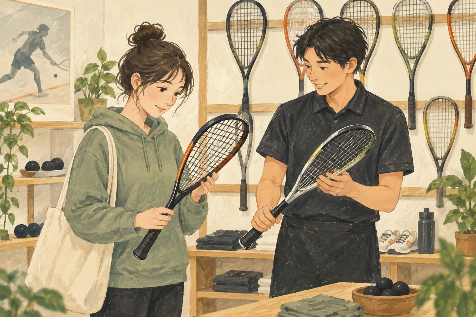 ラケットの重さとバランスを店頭で比べるイラスト