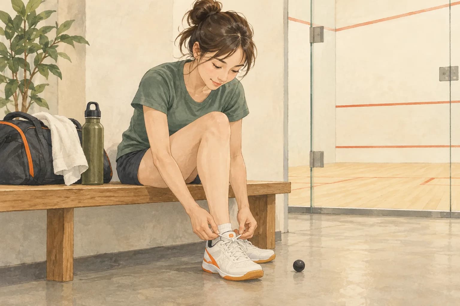 ベンチに座り靴ひもを結んでサイズを確かめるイラスト