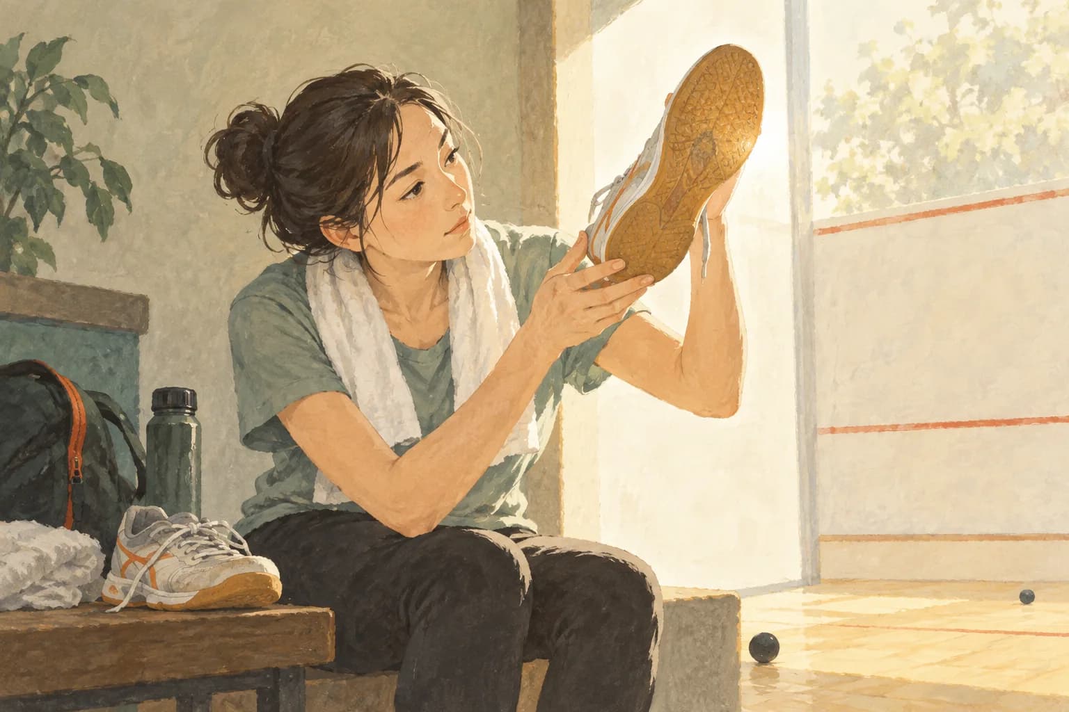 使い込んだ室内靴の底を光にかざして確かめるイラスト