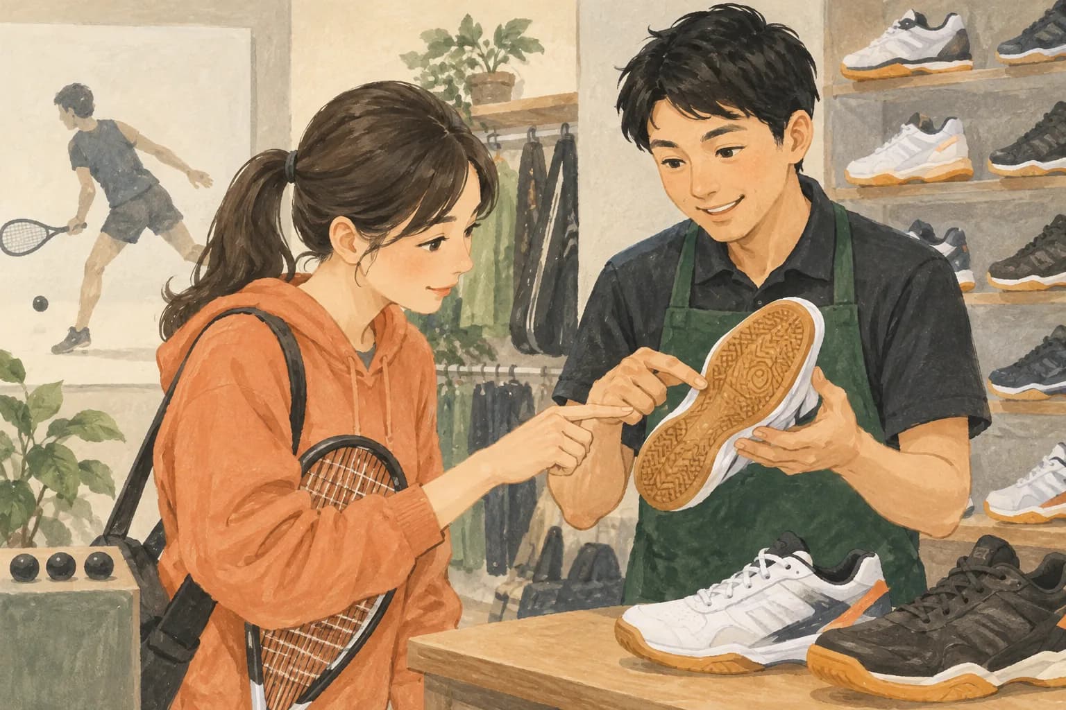 室内シューズのソール表示を店員と確認するイラスト