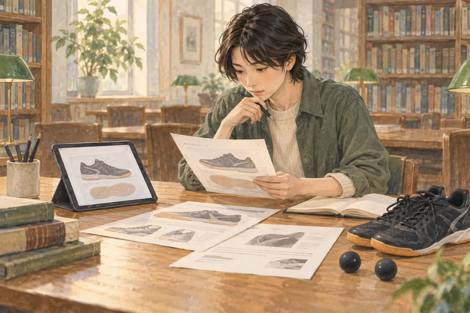 室内シューズ選びの情報を調べる様子を描いたイラスト
