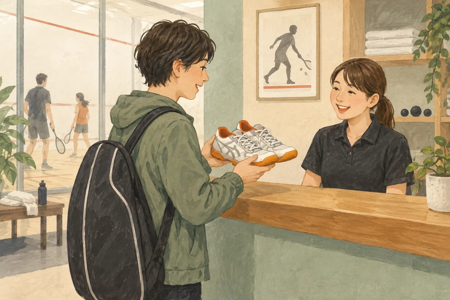 手持ちの室内シューズを受付で見せるイラスト