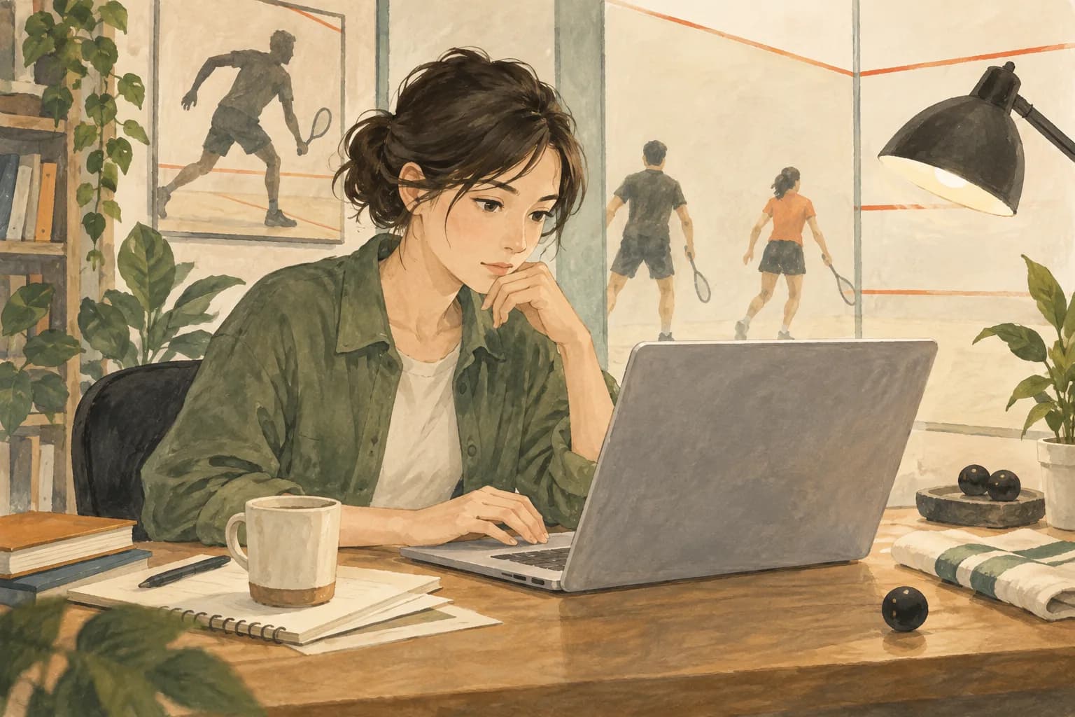 ランキングの更新をノートパソコンで確認するスポーツ編集者、文字は描かないイラスト