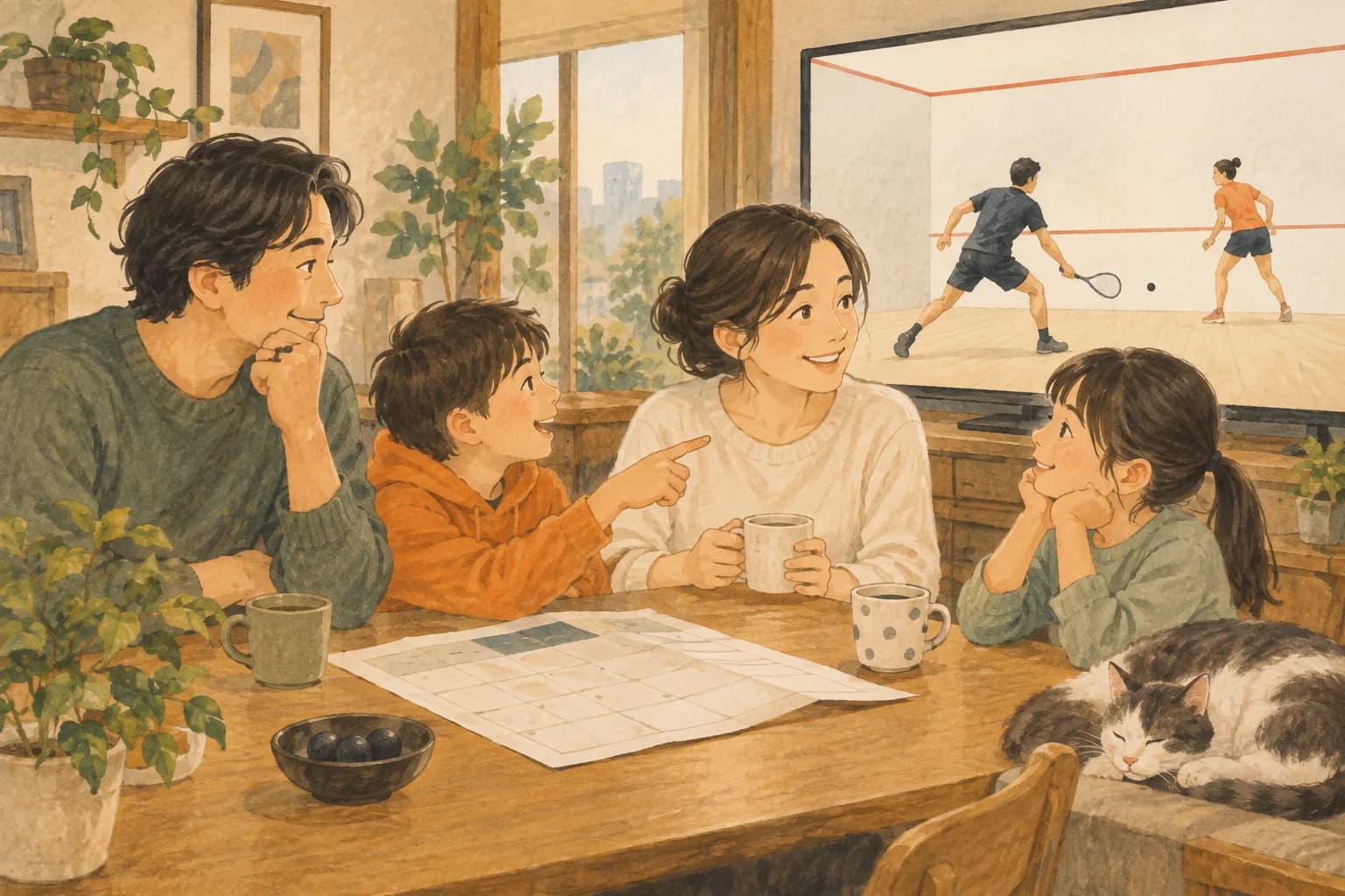 日本の自宅で家族がスカッシュ観戦の予定を相談するイラスト