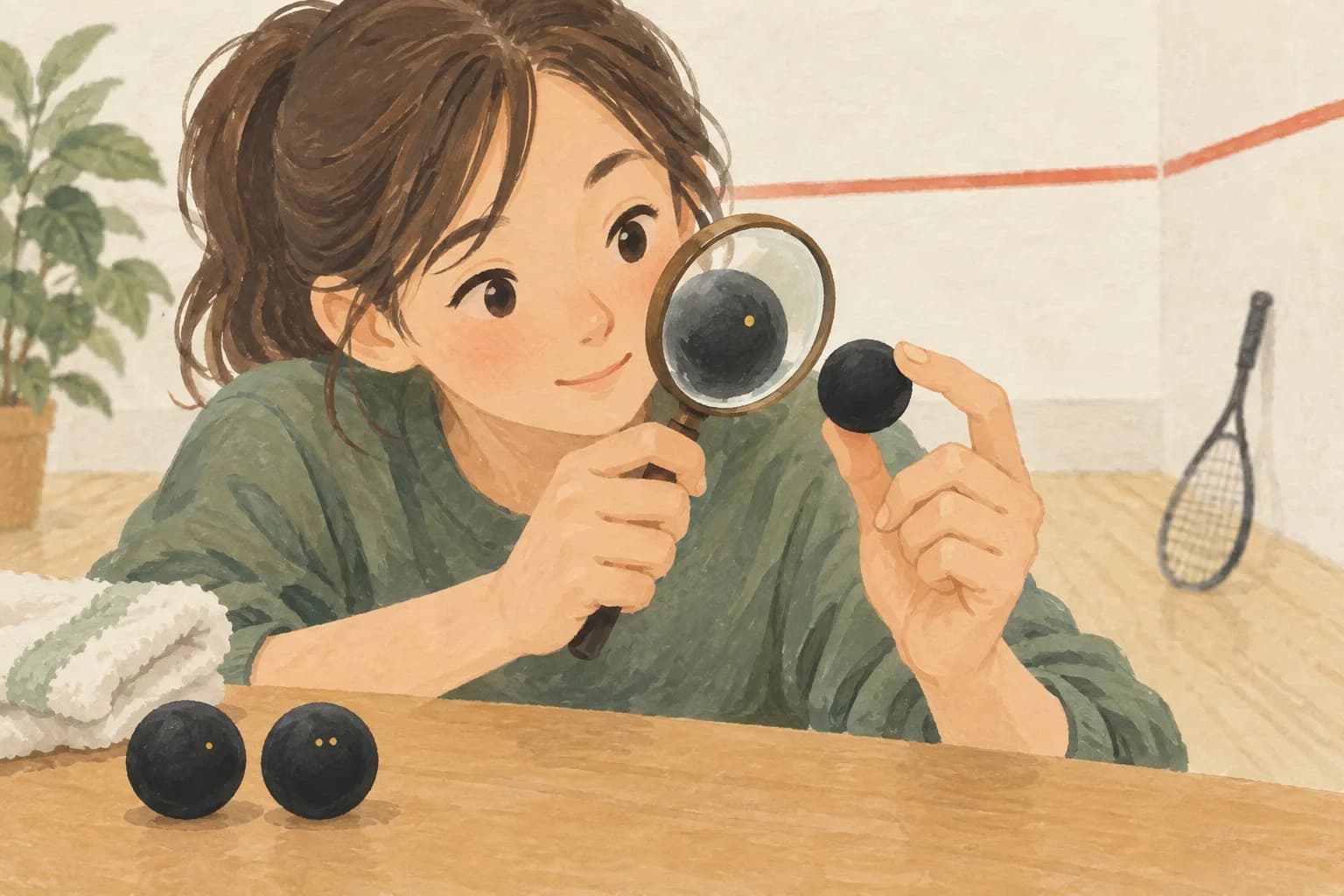 黒いスカッシュボールの小さなドットを虫眼鏡で確認するイラスト