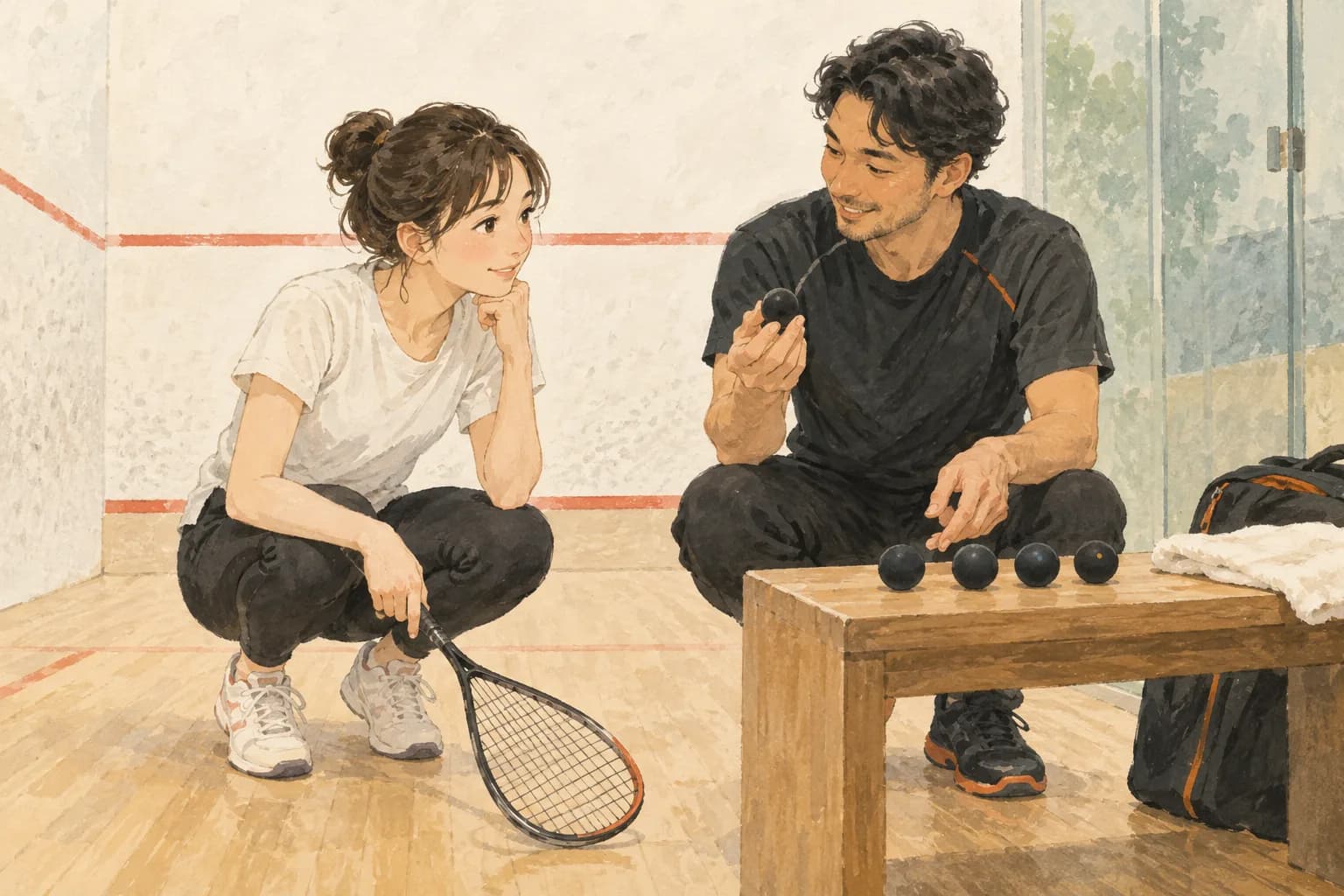 初心者がコーチと練習用ボールを選ぶイラスト