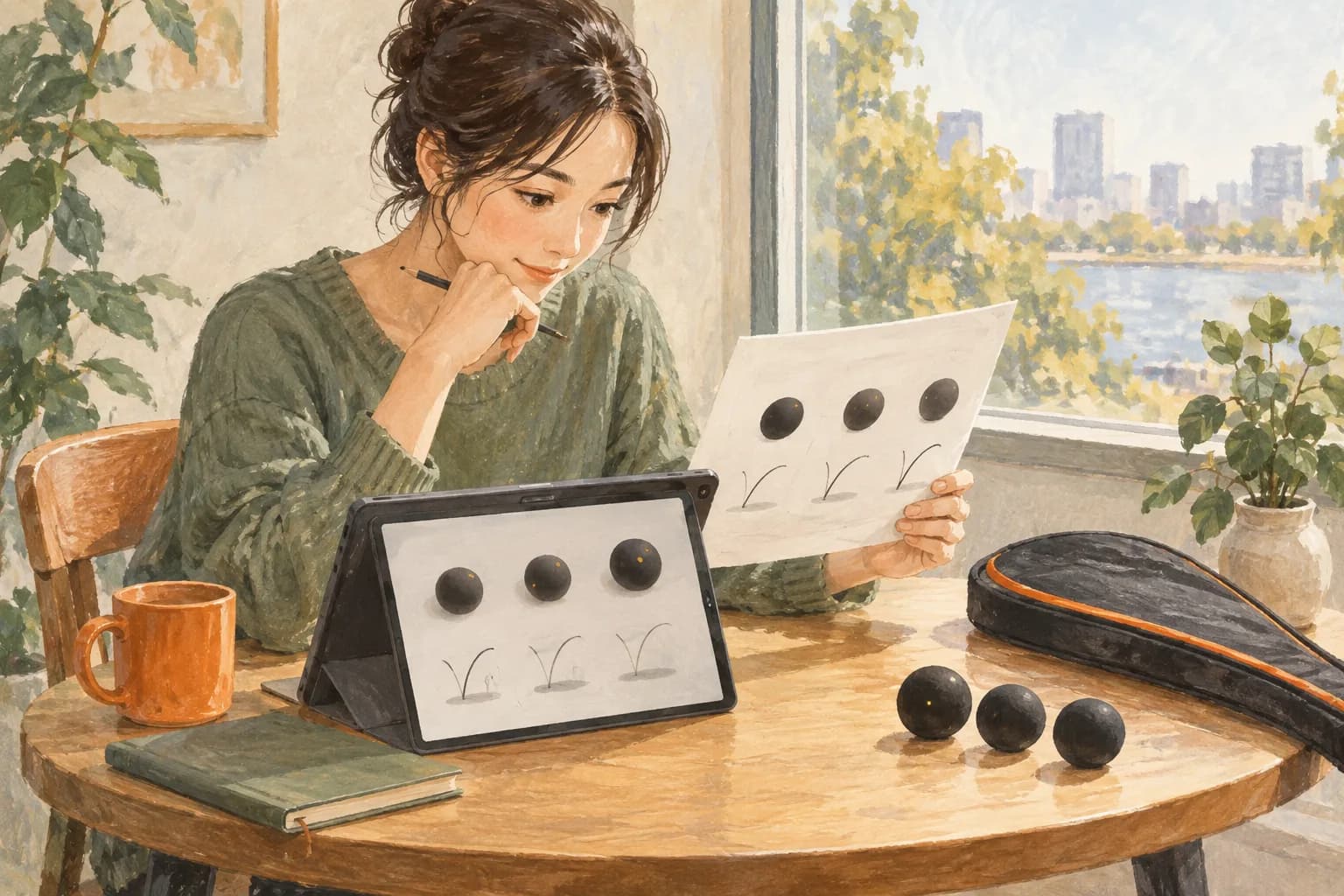 ボールの種類と弾みの情報を調べる様子を描いたイラスト