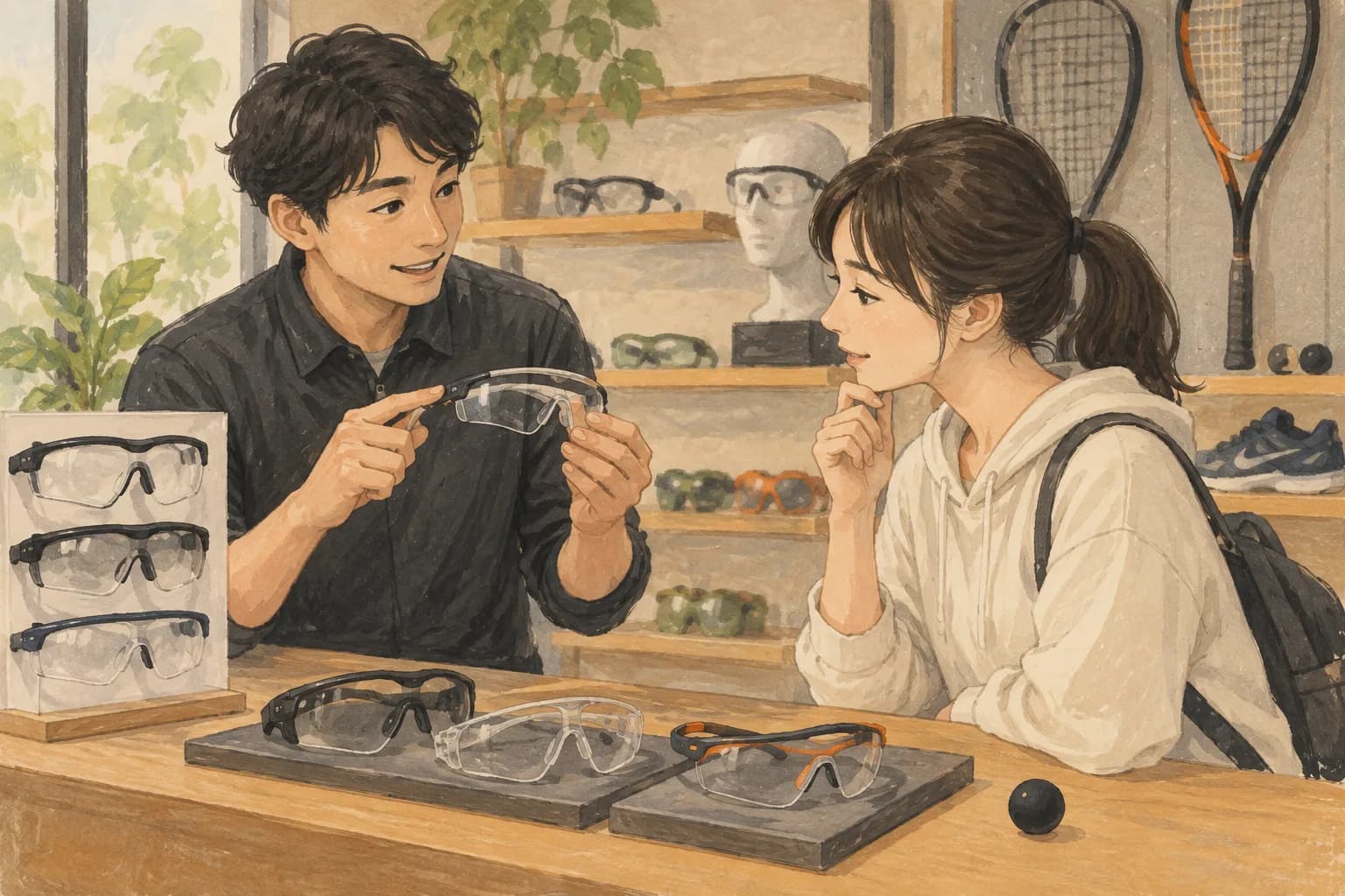メガネと保護アイガードを専門店で相談するイラスト