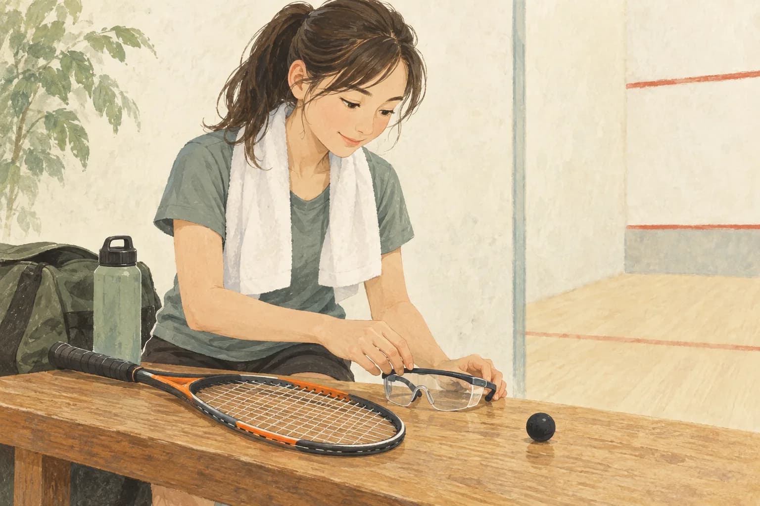 ラケットの横に透明レンズのスポーツアイガードを準備するイラスト