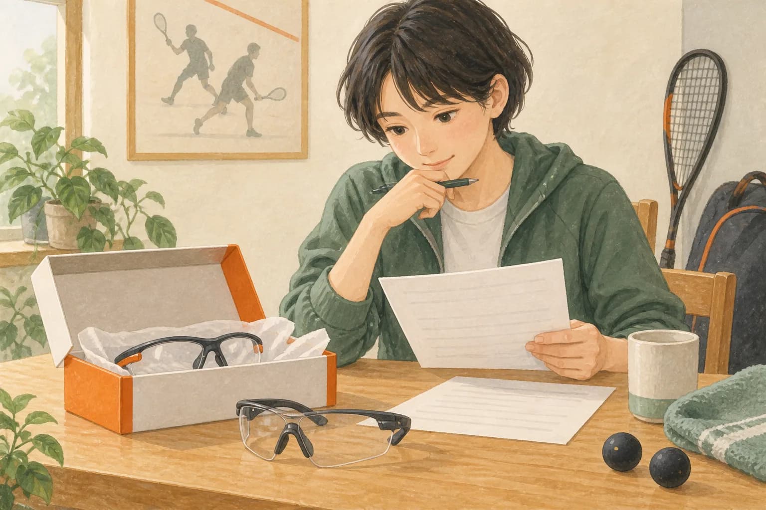 大会要項とアイガードの箱を机で照合するイラスト