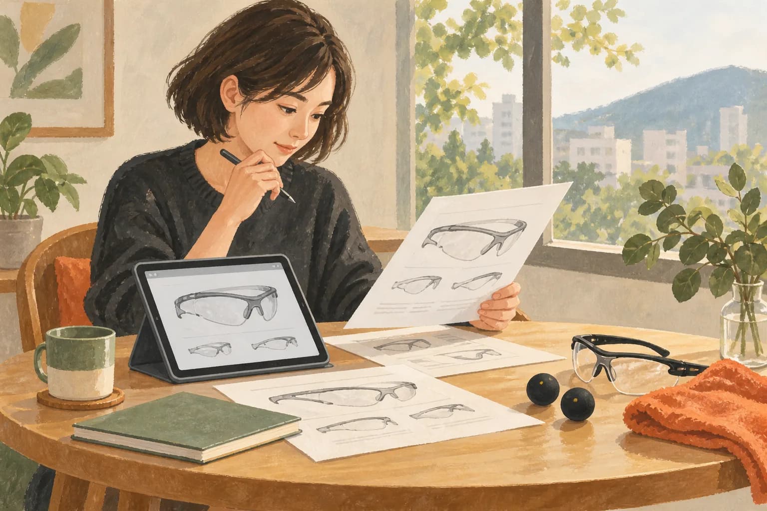 アイガード選びの情報を調べる様子を描いたイラスト