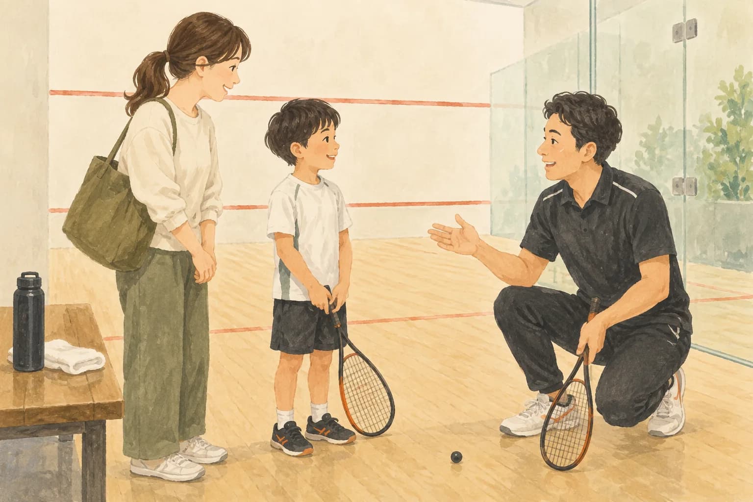 保護者と小学生がコーチと体験について話すイラスト