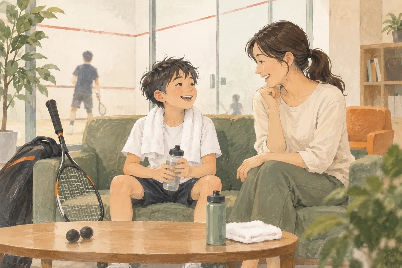 レッスン後に親子が待合室で笑顔で話すイラスト