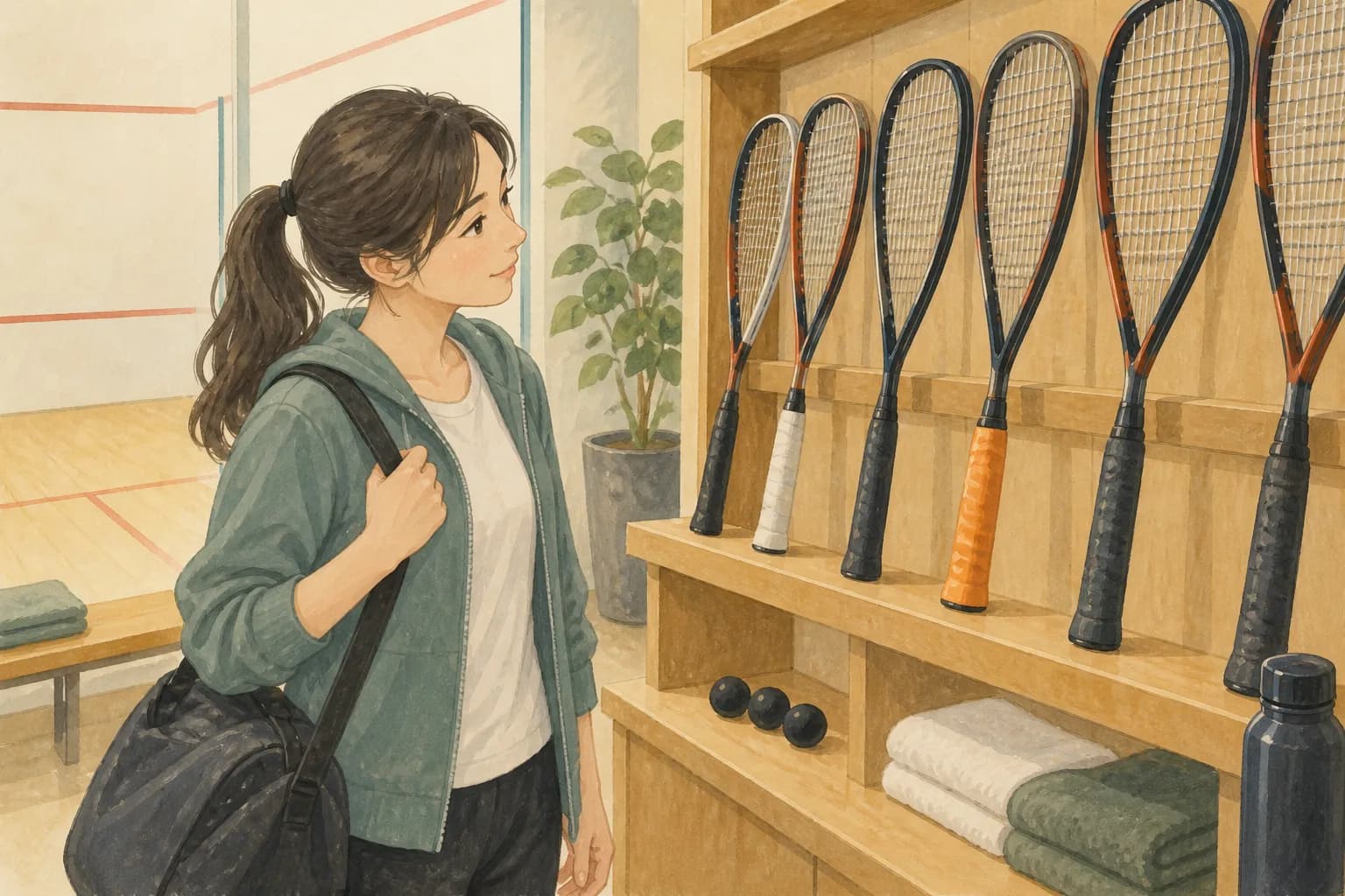 グリップ部分の異なるラケットをラックで確認する、手の握りの実演は描かないイラスト