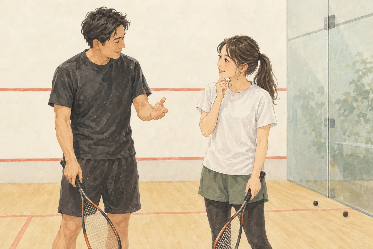 コーチと初心者が握り方の相談をしている、手元は近写せずラケットは下げるイラスト