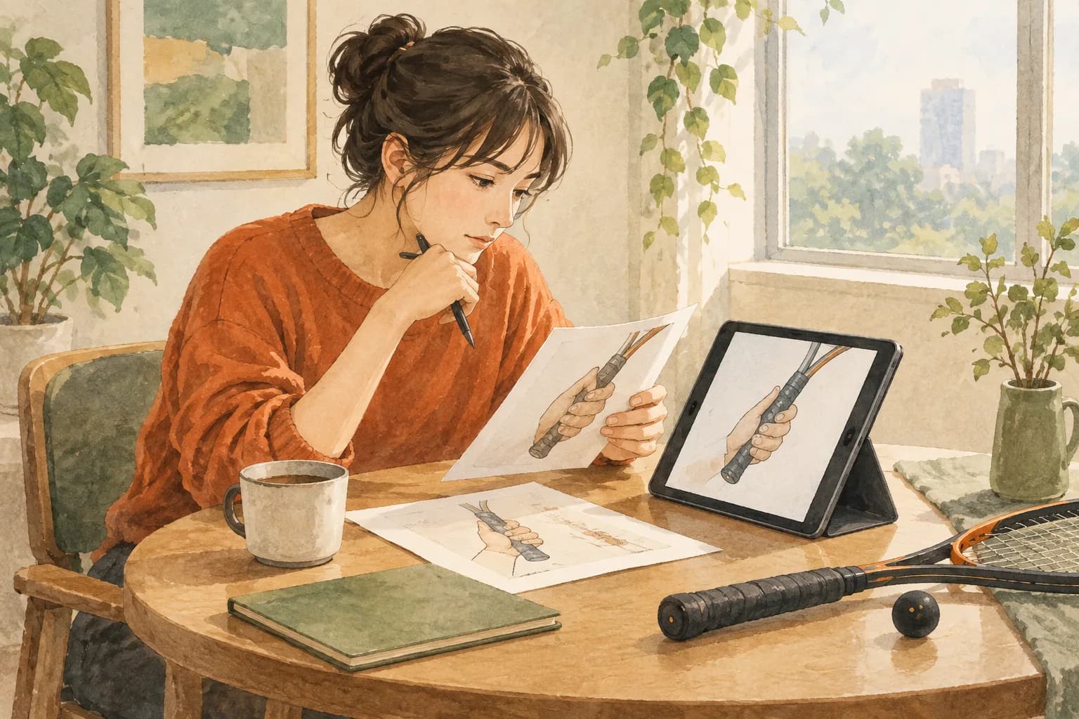 グリップの握り方の情報を調べる様子を描いたイラスト