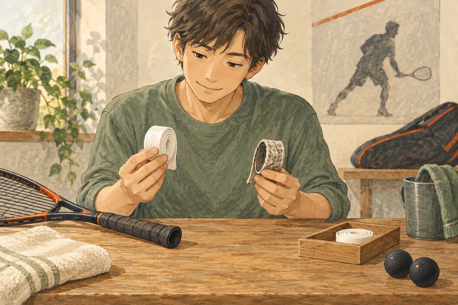 新品のオーバーグリップと使用済みグリップを作業台で比べるイラスト