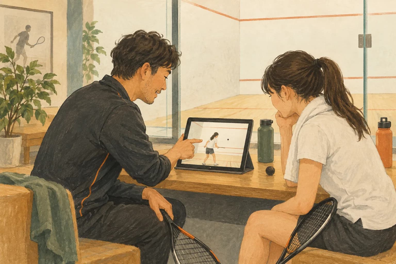 レッスン後にコーチとサーブの練習記録を見返すイラスト