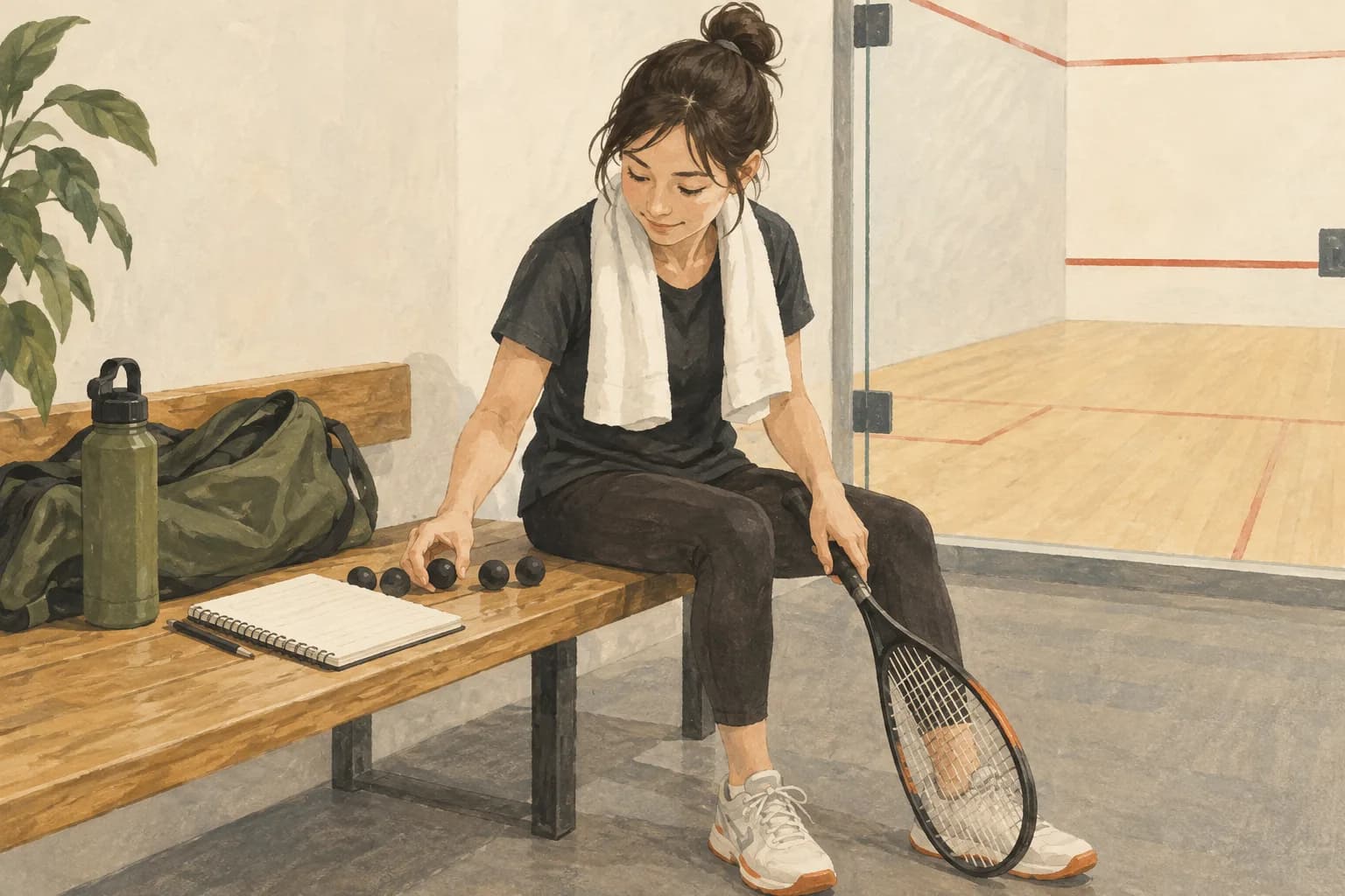 練習ノートと黒いボール数個をベンチに用意するイラスト