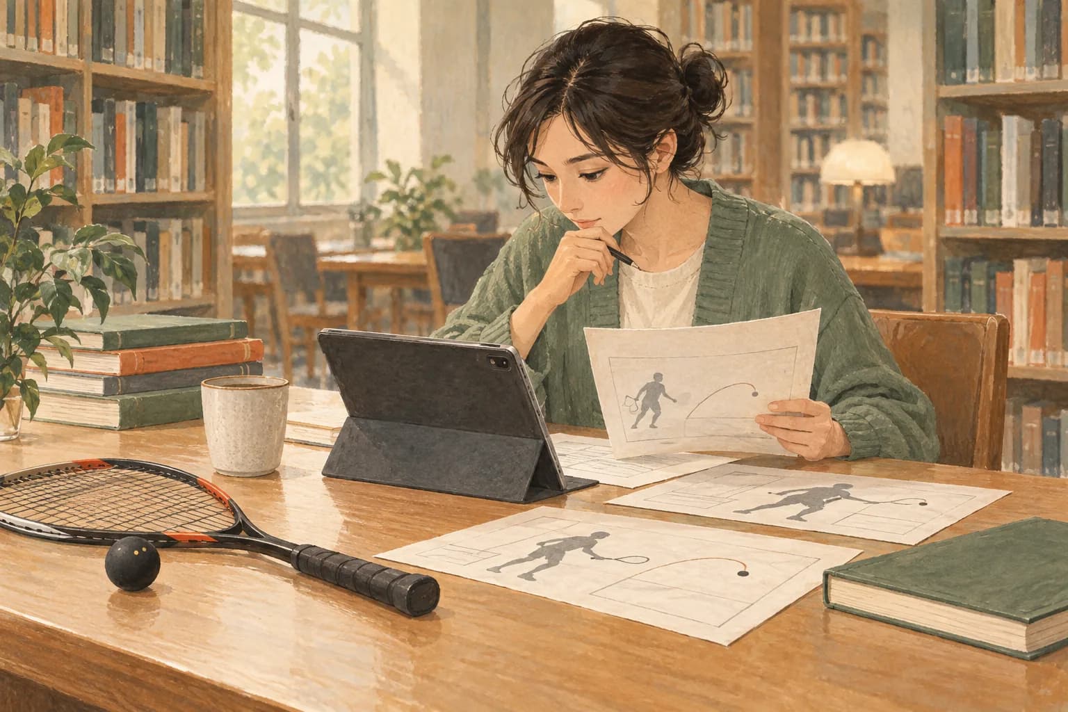 サーブの基礎の情報を調べる様子を描いたイラスト