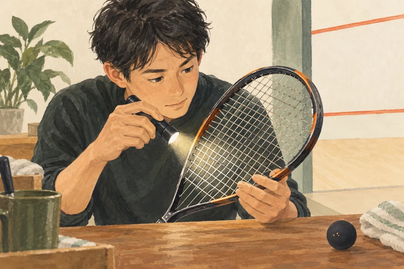 ラケットのストリングの交差部分をライトで点検するイラスト