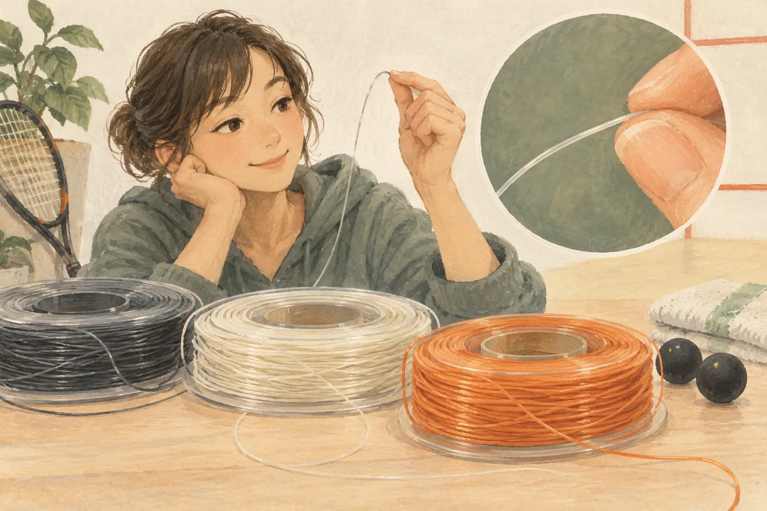太さの違うストリングのリールと細い糸の接写イラスト