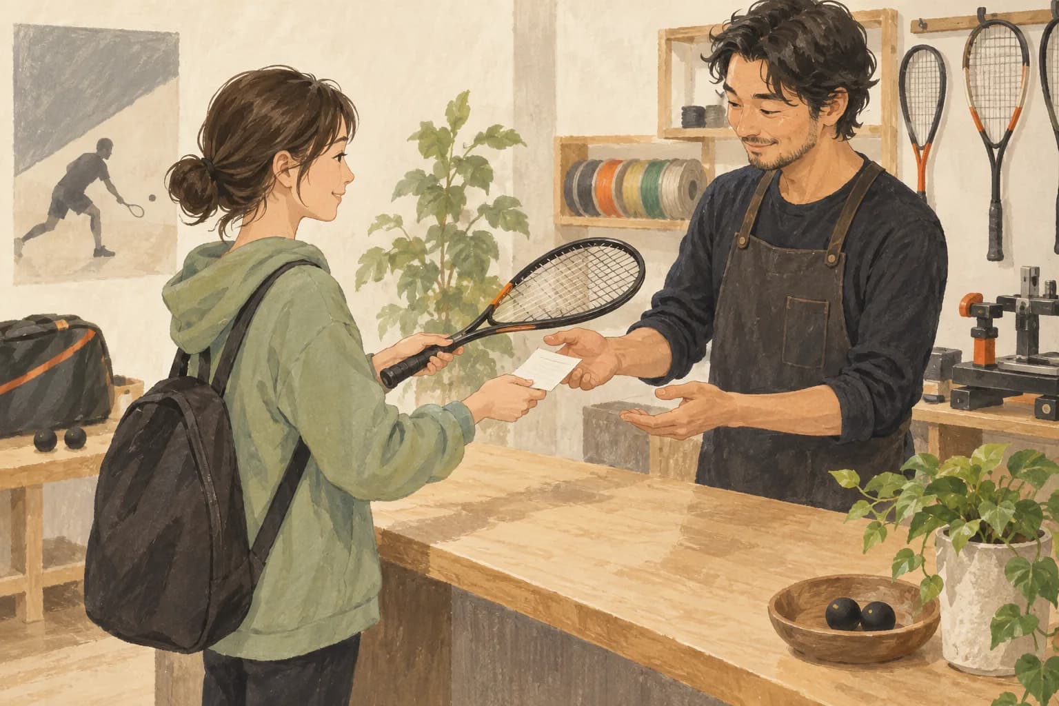 ストリンガーにラケットと注文メモを渡すイラスト