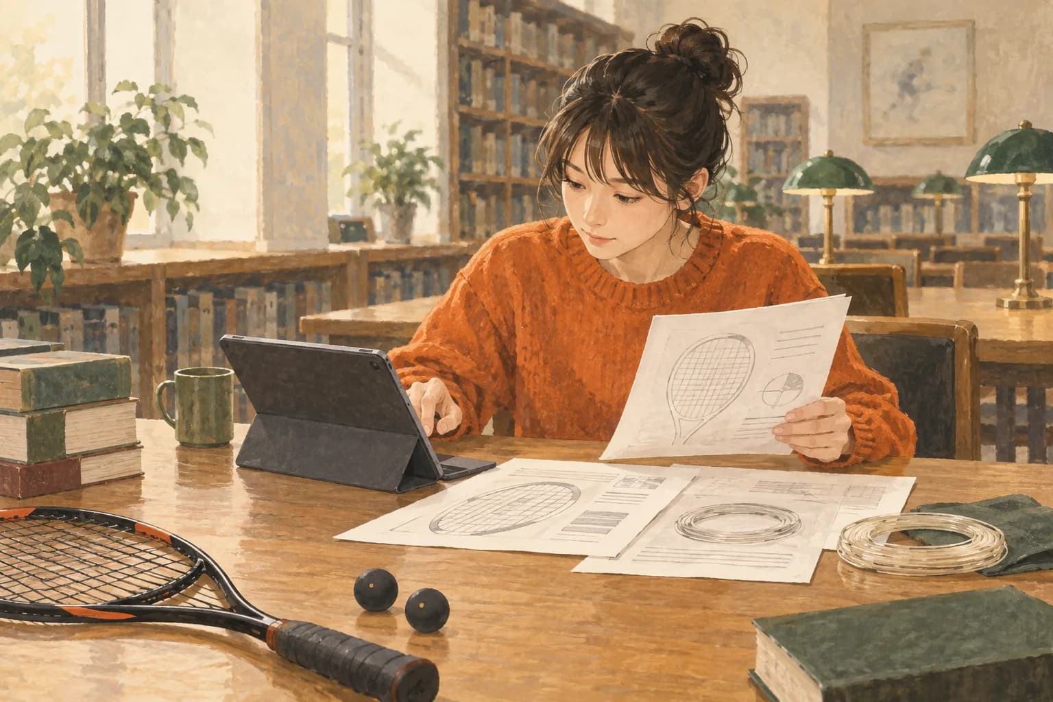 ガットの張り替えの情報を調べる様子を描いたイラスト