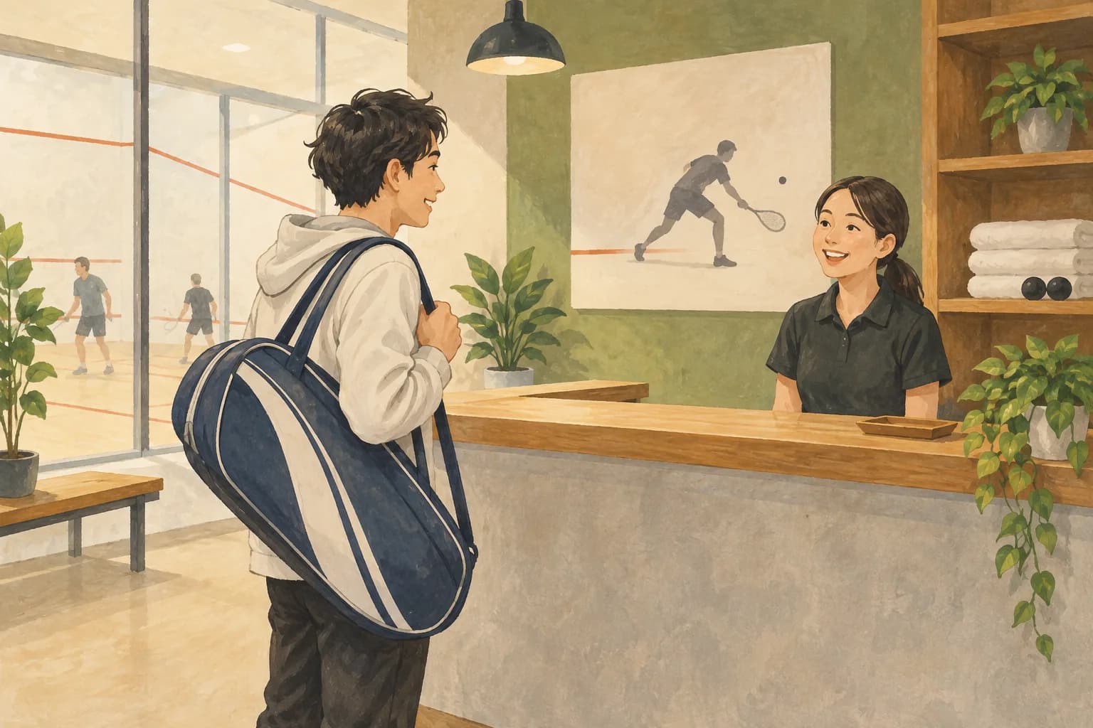 テニスバッグを持った人がスカッシュ施設の受付へ訪れるイラスト