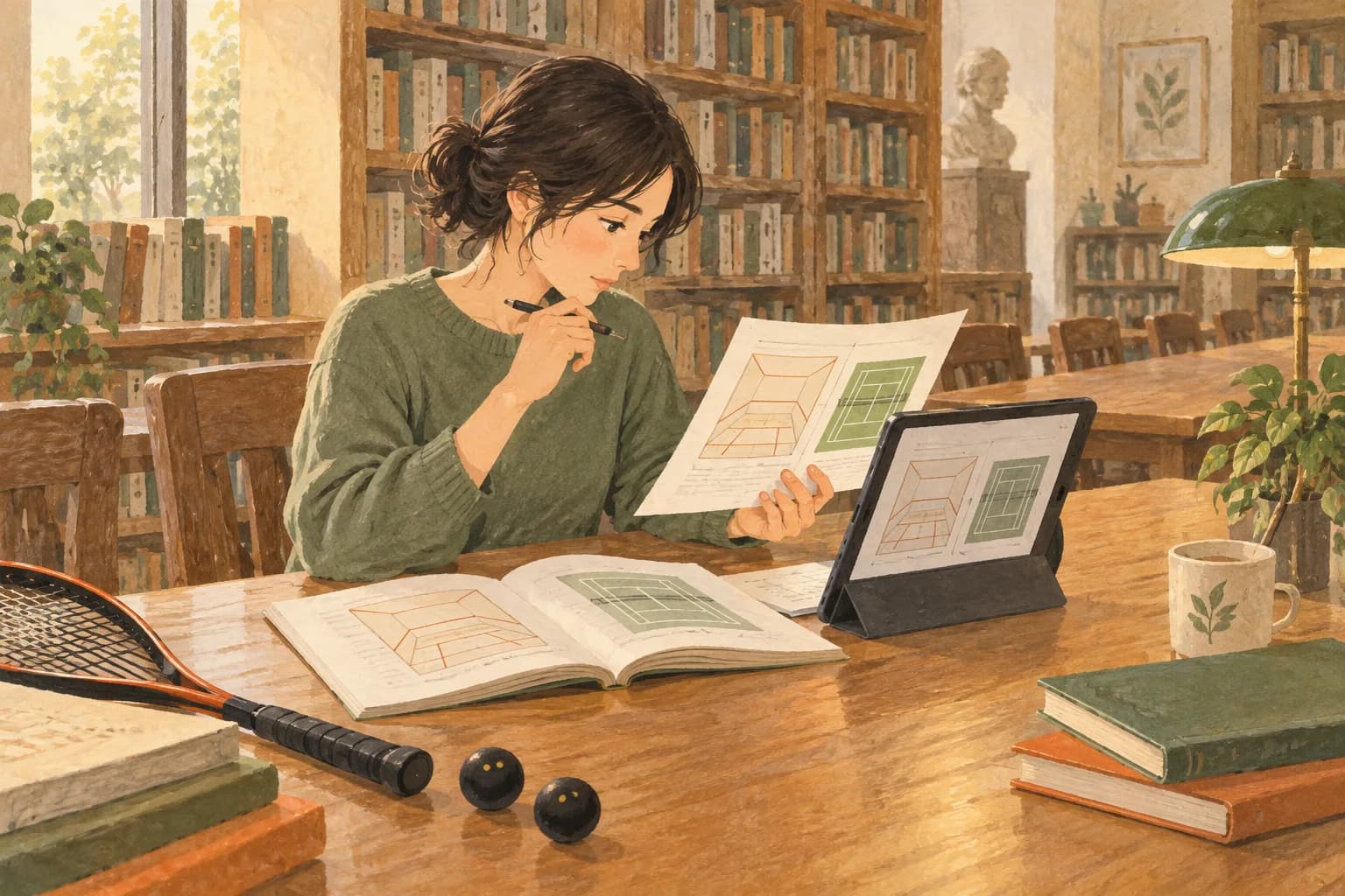 テニスとの違いの情報を調べる様子を描いたイラスト