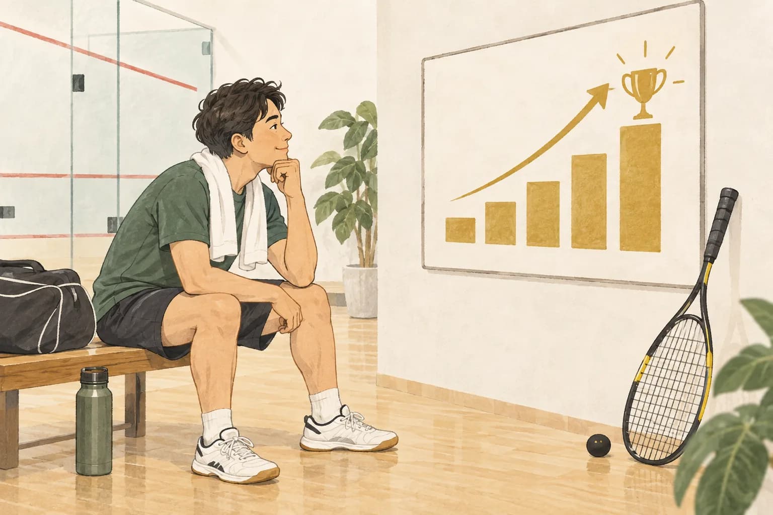 順位表とスカッシュ用品を見ながら記録を確認するイラスト