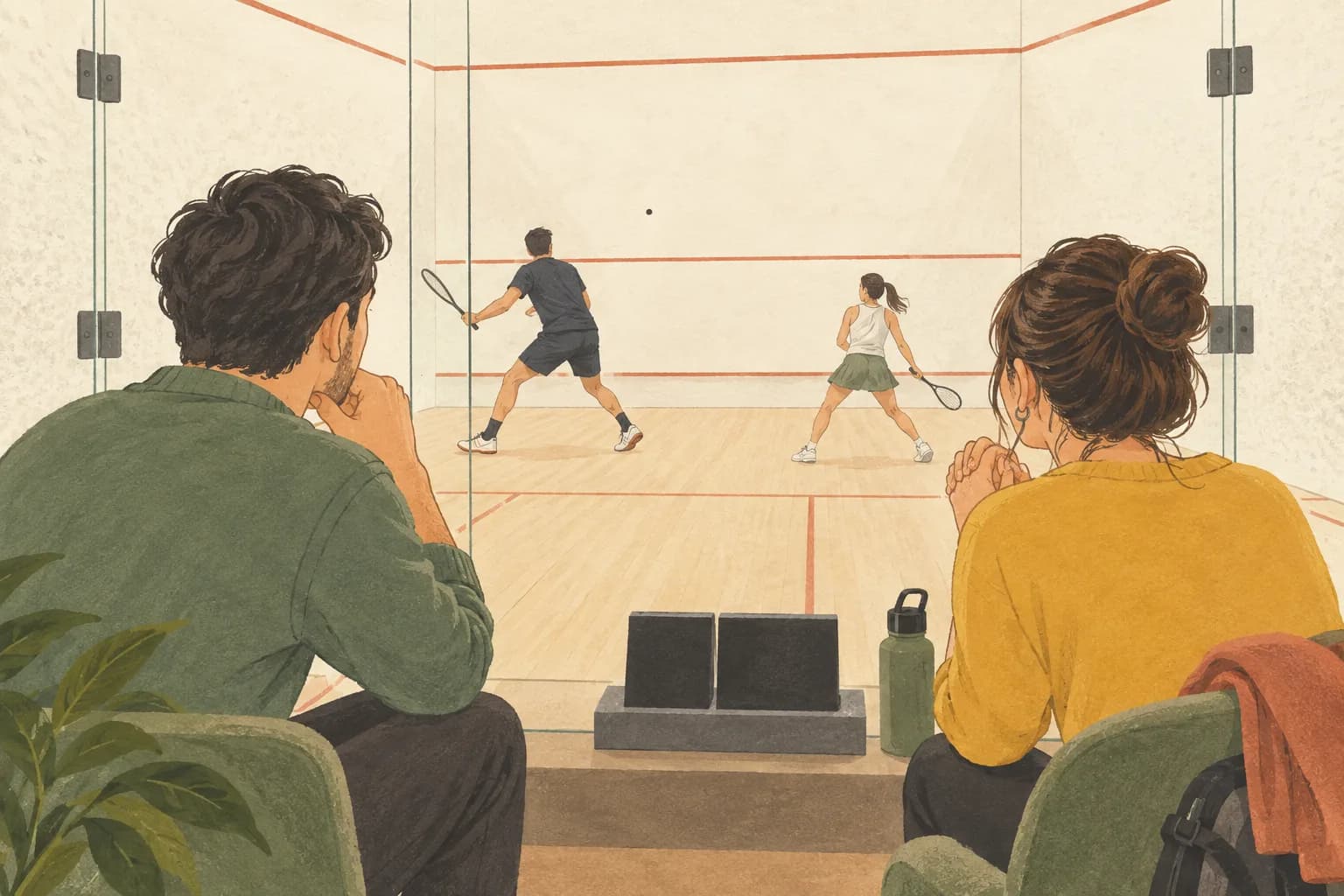 ガラス越しにスカッシュの試合を観戦する人たちのイラスト