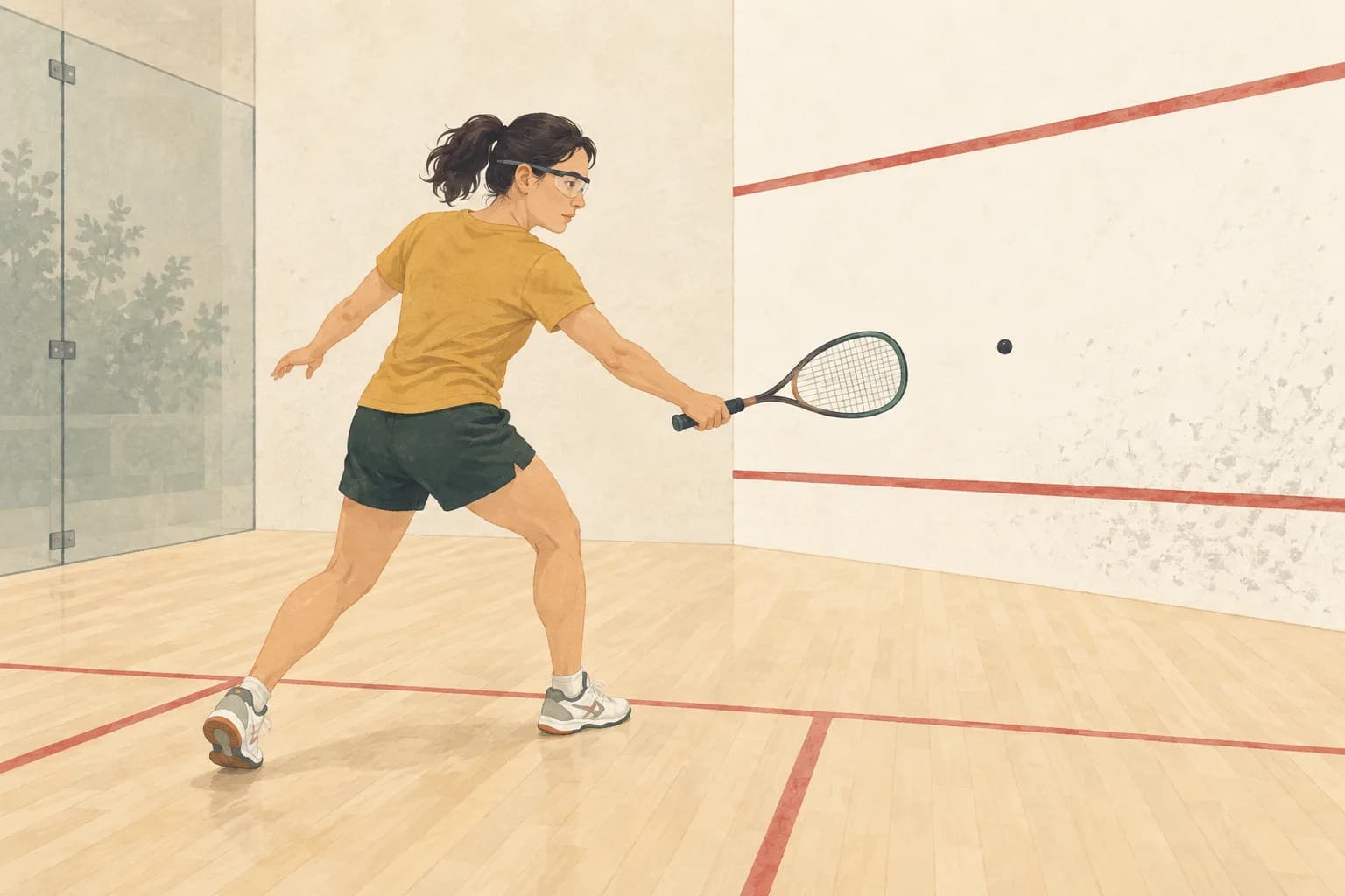 コートで一人練習をするスカッシュプレーヤーのイラスト