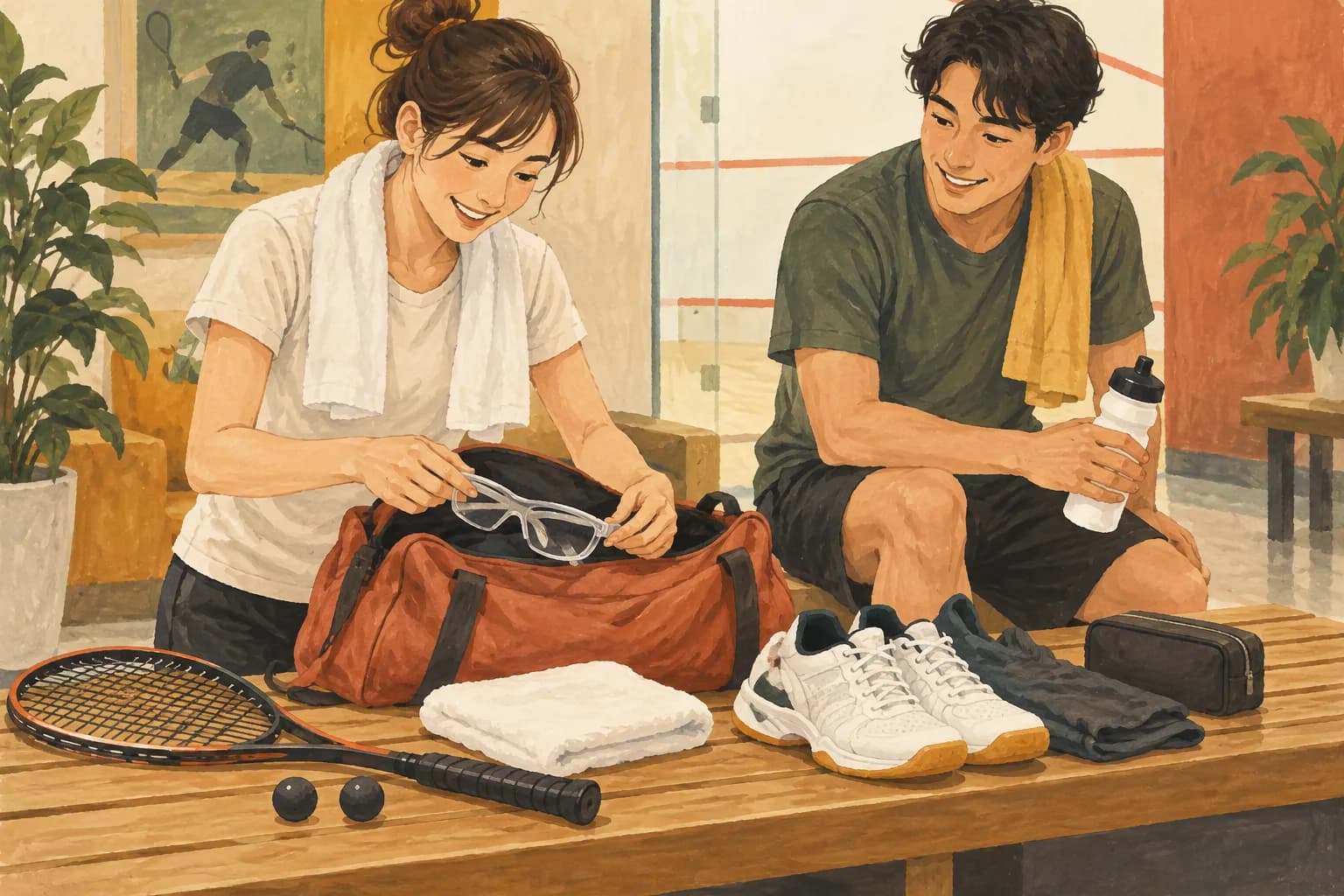 初めてのスカッシュ大会に必要なもの5選:記事一覧専用のサムネイル(本文画像とは別の場面)を表すイラスト