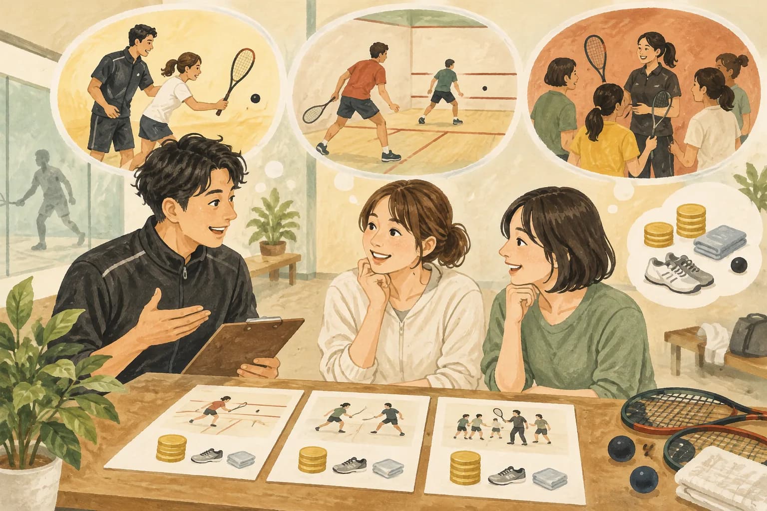 スカッシュの料金はいくら?体験・コート利用・スクールの費用:記事一覧専用のサムネイル(本文画像とは別の場面)を表すイラスト