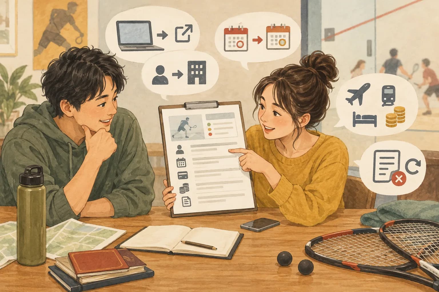 初めてのスカッシュ大会の選び方:申込先・締切・費用をひとまとめに確認するを表すイラスト