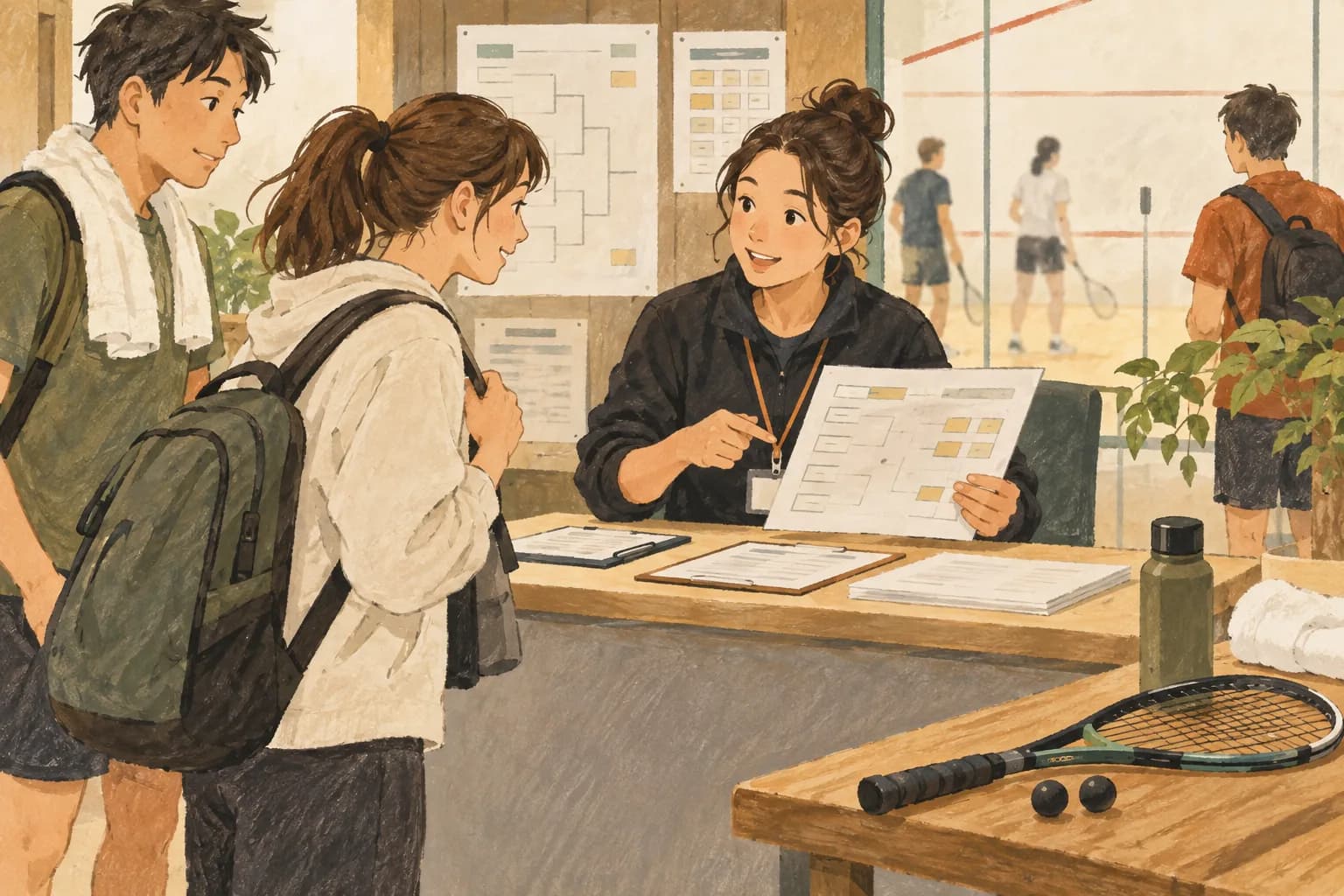 初めてのスカッシュ大会の選び方:当日は「受付→準備→呼び出し確認」からを表すイラスト