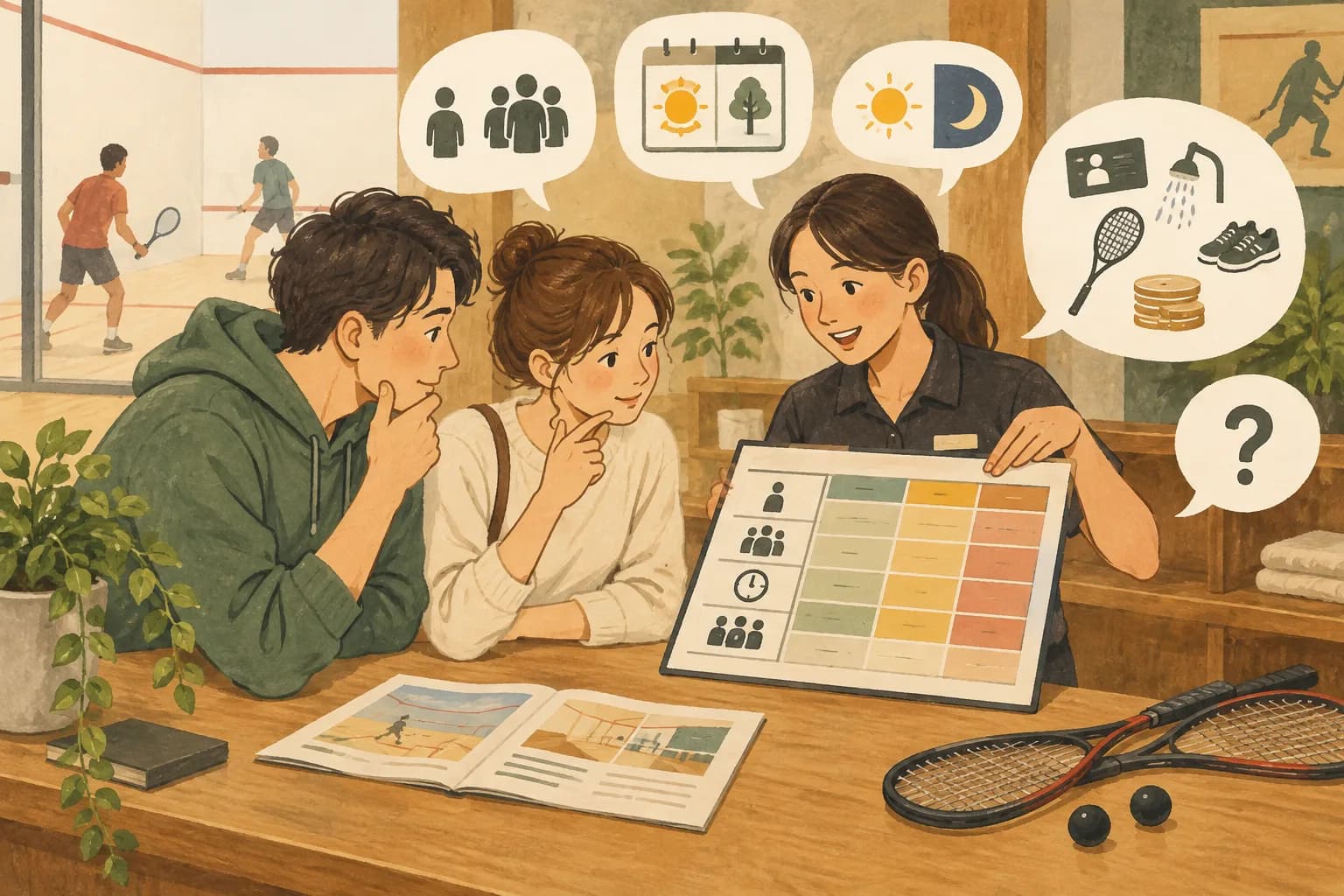 初めてのスカッシュコートの選び方:料金は同じ利用条件で比較するを表すイラスト