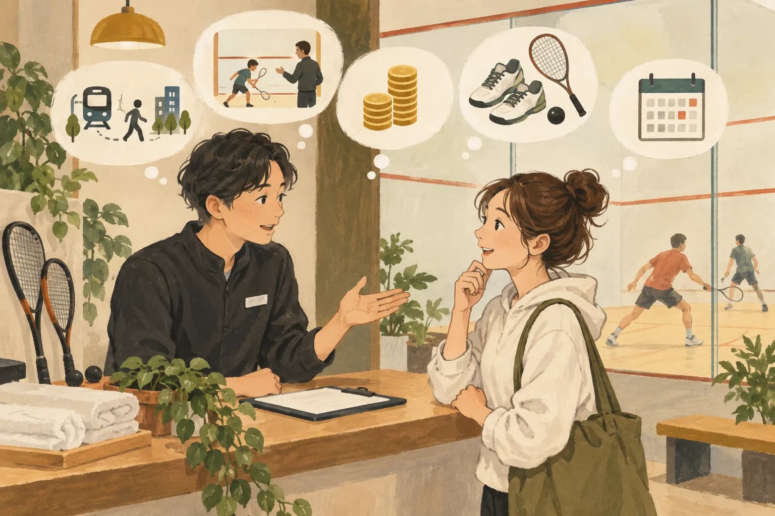 初めてのスカッシュコートの選び方:記事の表紙を表すイラスト
