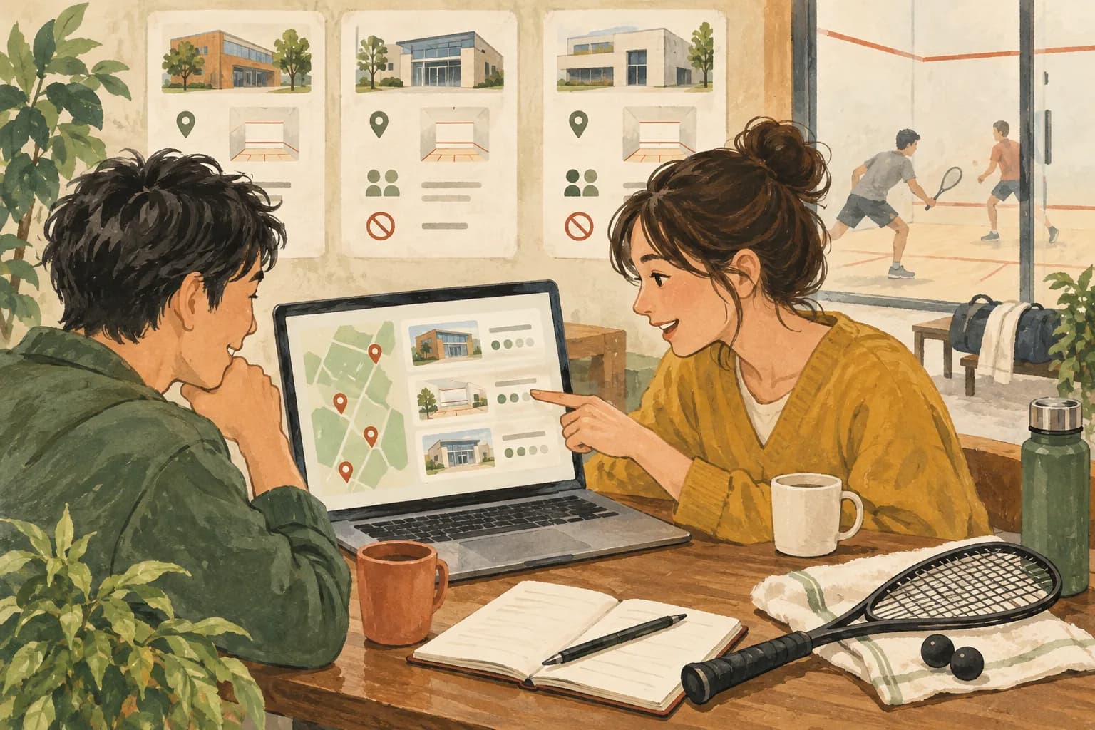 初めてのスカッシュコートの選び方:地域の比較から、施設の公式案内へ進むを表すイラスト
