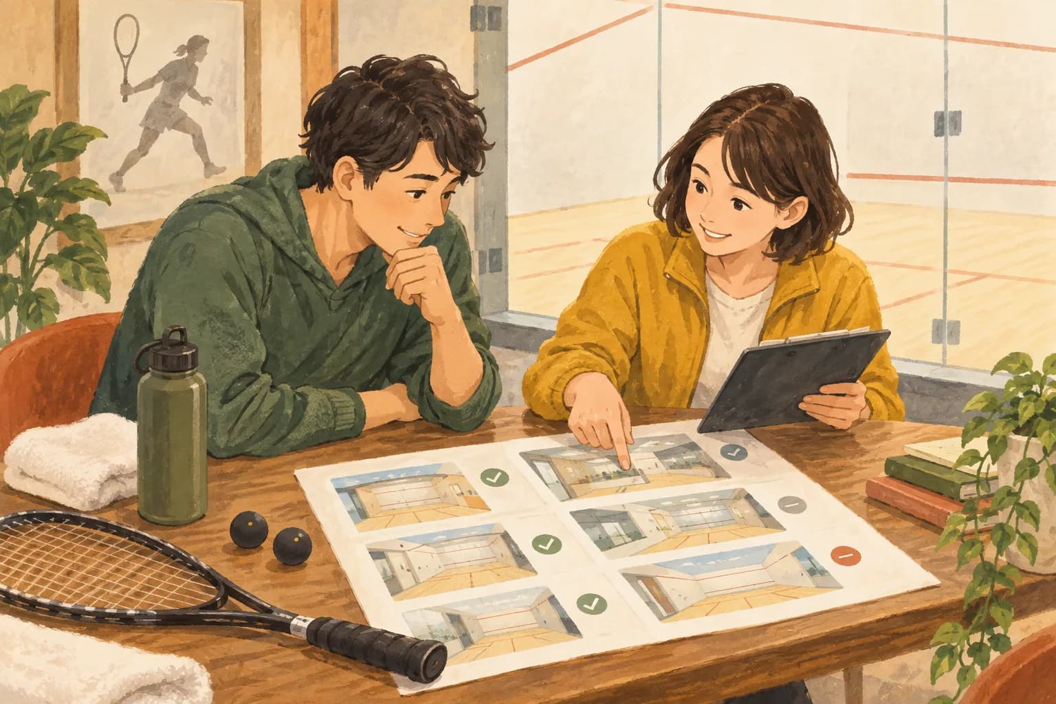 初めてのスカッシュコートの選び方:出典・確認先を表すイラスト