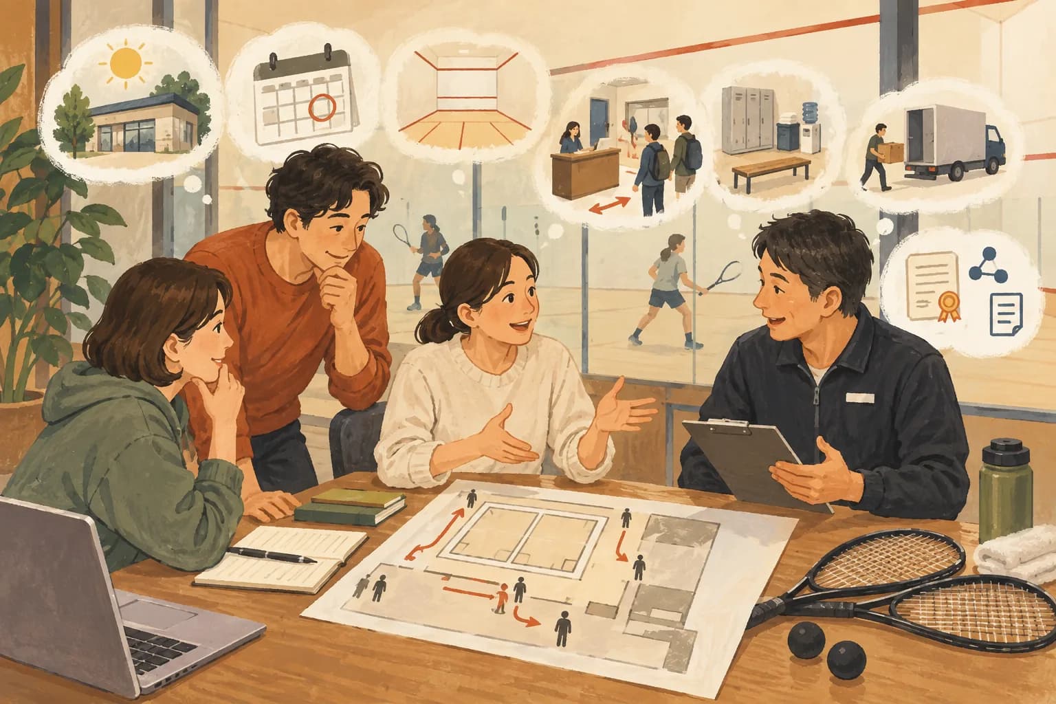 スカッシュ大会の運営準備|募集から当日・結果公開まで:募集前:会場と参加条件を決めるを表すイラスト