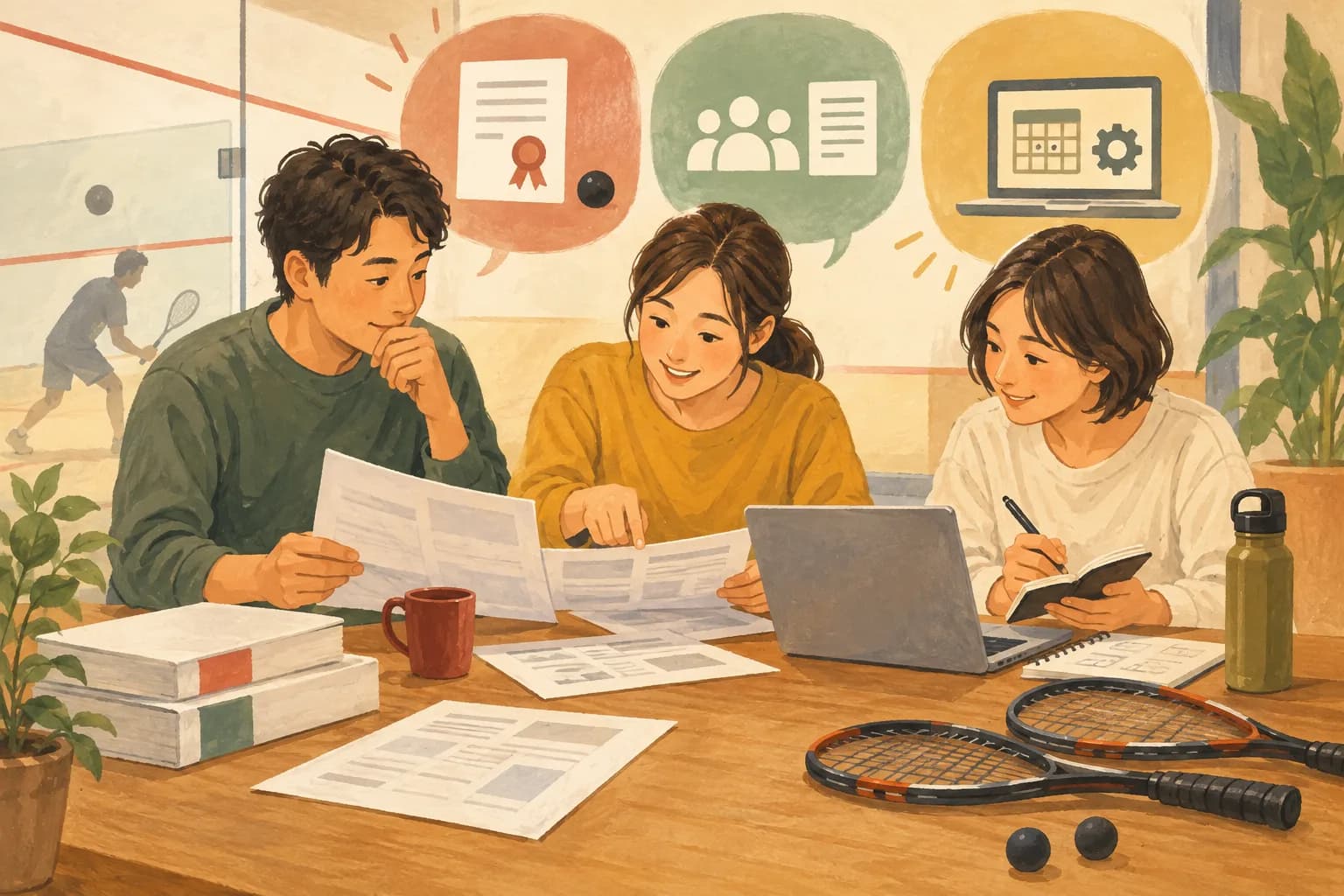 スカッシュ大会の運営準備|募集から当日・結果公開まで:出典・確認先を表すイラスト