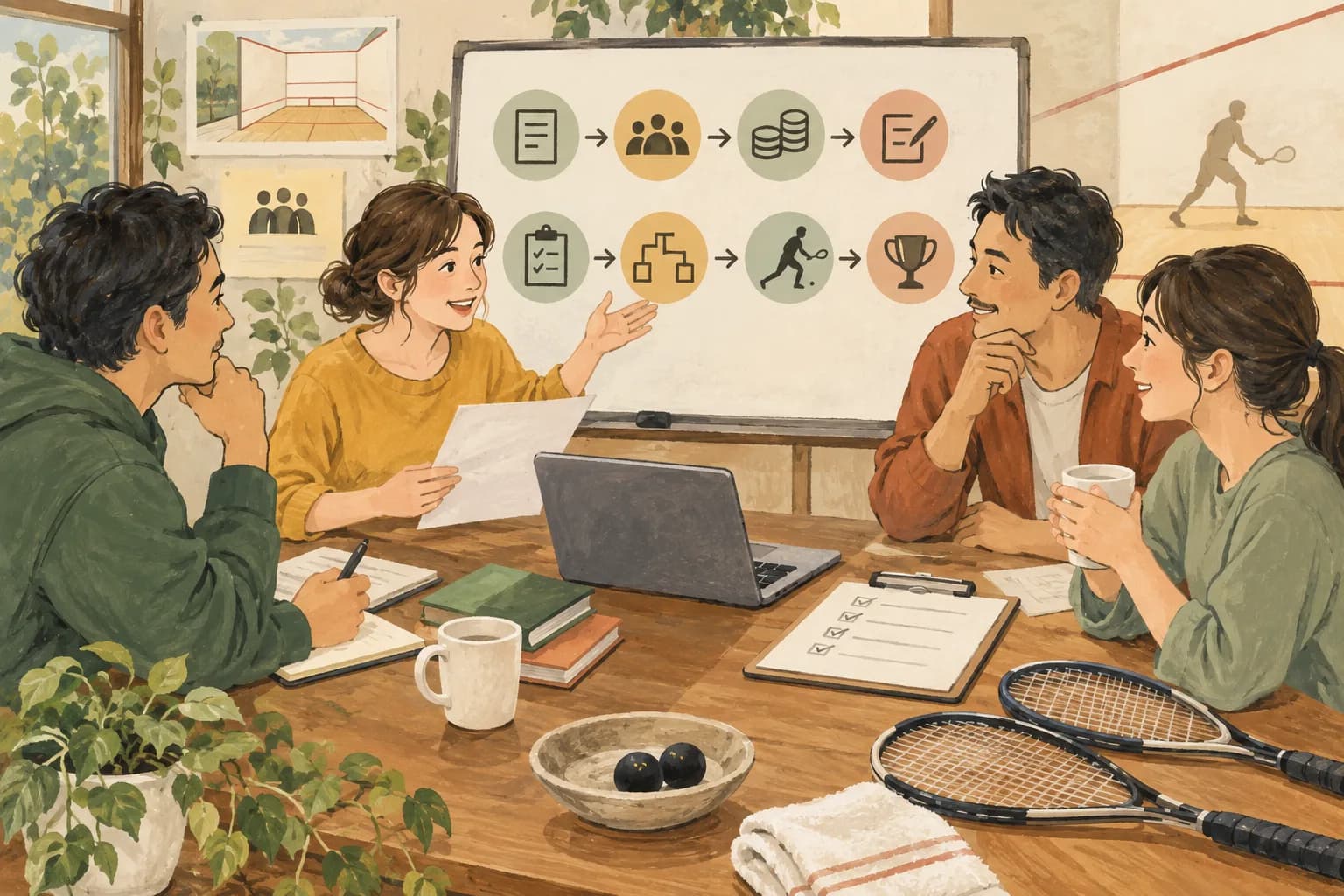 スカッシュ大会の運営準備|募集から当日・結果公開まで:スカッシュサポーターで準備を進めるを表すイラスト