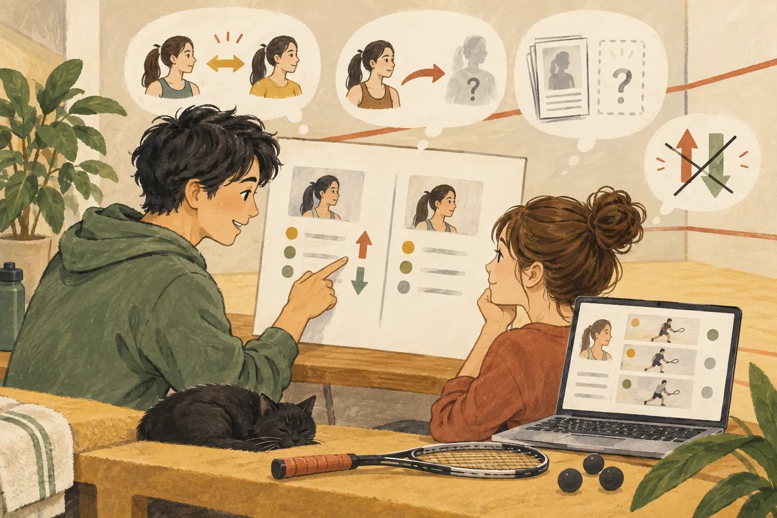 スカッシュランキングの見方:順位変動は同じ条件の記録で比較するを表すイラスト
